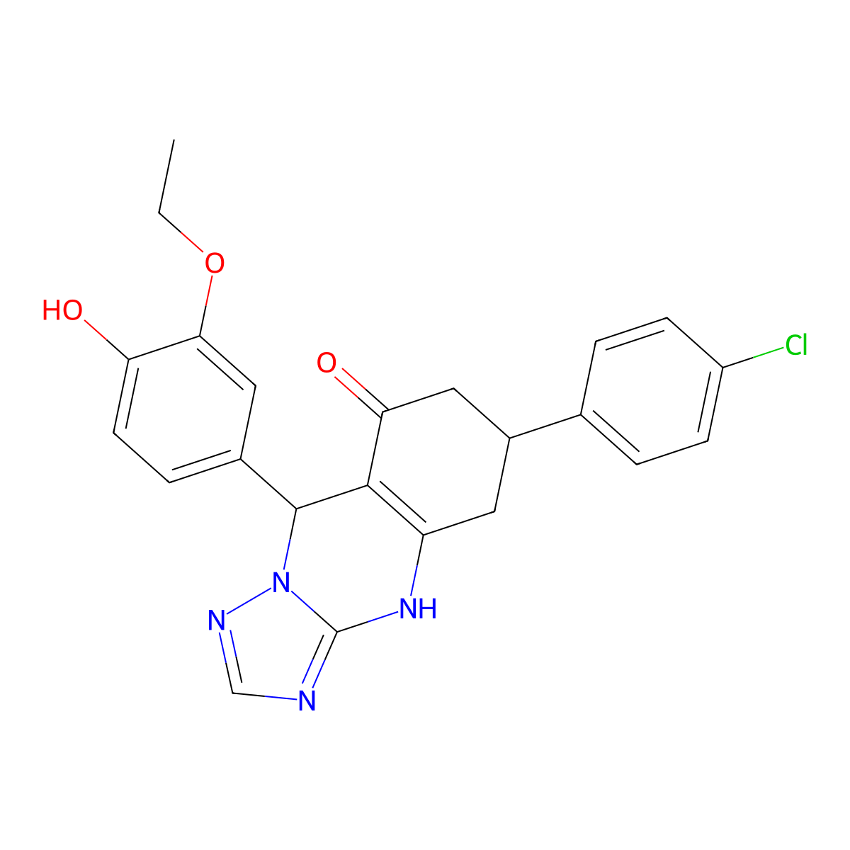 6-(4-chlorophenyl)-9-(3-ethoxy-4-hydroxyphenyl)-5,6,7,9-tetrahydro[1,2,4]triazolo[5,1-b]quinazolin-8(4H)-one molecular structure, CAS 727394-11-8