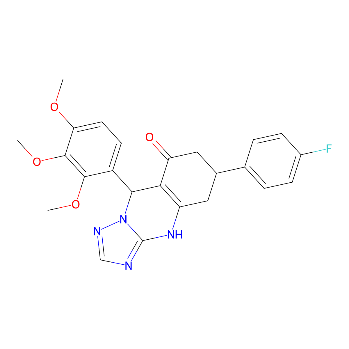 6-(4-fluorophenyl)-9-(2,3,4-trimethoxyphenyl)-5,6,7,9-tetrahydro[1,2,4]triazolo[5,1-b]quinazolin-8(4H)-one molecular structure, CAS 727394-28-7