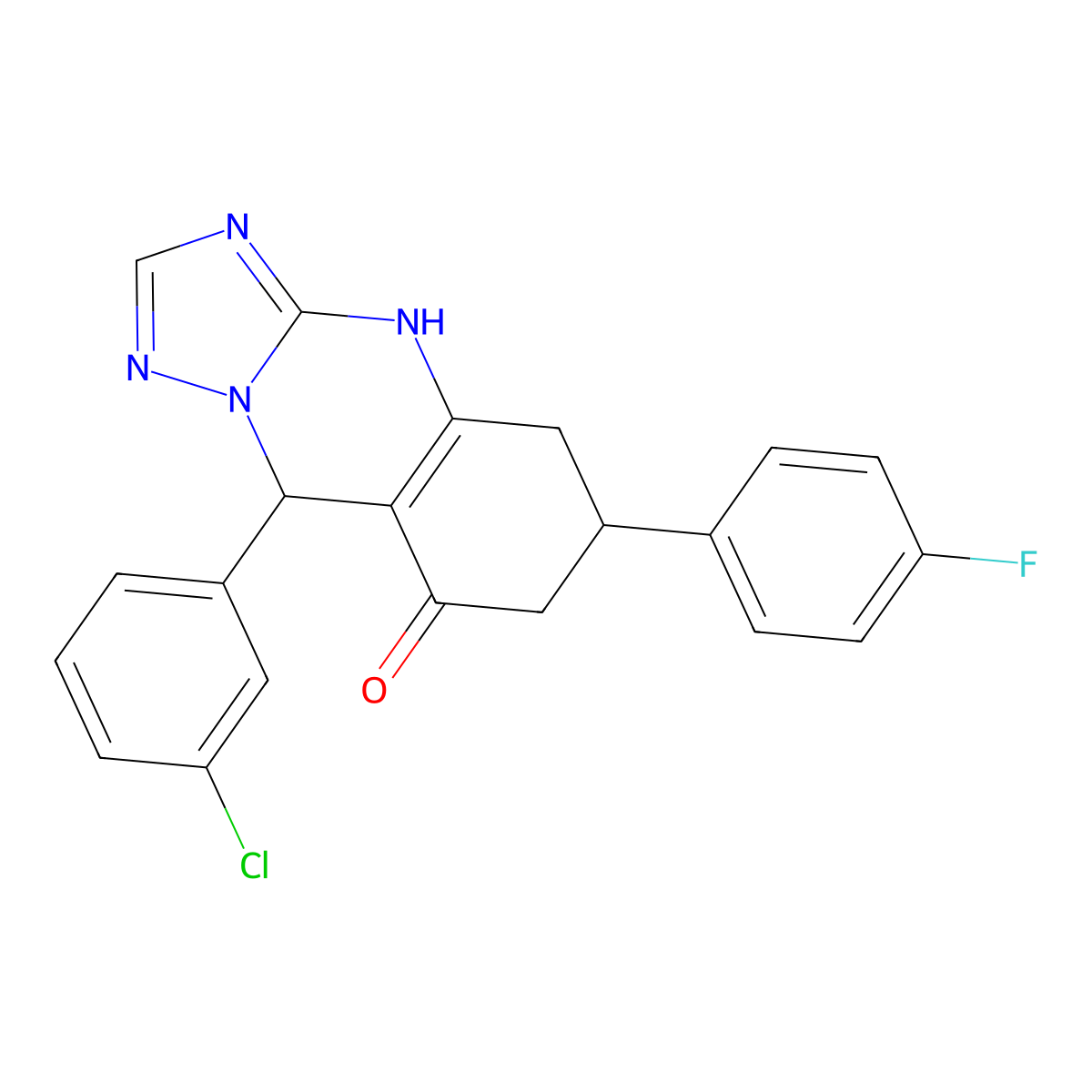 9-(3-chlorophenyl)-6-(4-fluorophenyl)-5,6,7,9-tetrahydro[1,2,4]triazolo[5,1-b]quinazolin-8(4H)-one molecular structure, CAS 727394-29-8