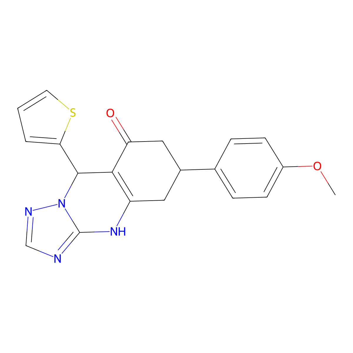 6-(4-methoxyphenyl)-9-(thiophen-2-yl)-5,6,7,9-tetrahydro[1,2,4]triazolo[5,1-b]quinazolin-8(4H)-one molecular structure, CAS 727394-39-0