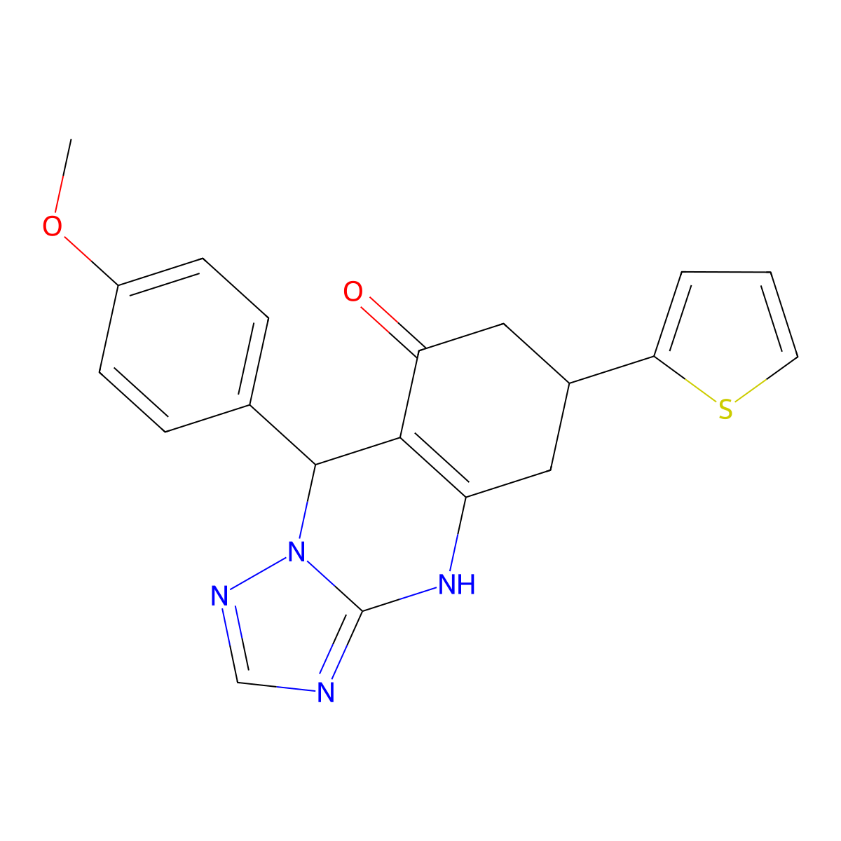 9-(4-methoxyphenyl)-6-(thiophen-2-yl)-5,6,7,9-tetrahydro[1,2,4]triazolo[5,1-b]quinazolin-8(4H)-one molecular structure, CAS 727394-76-5