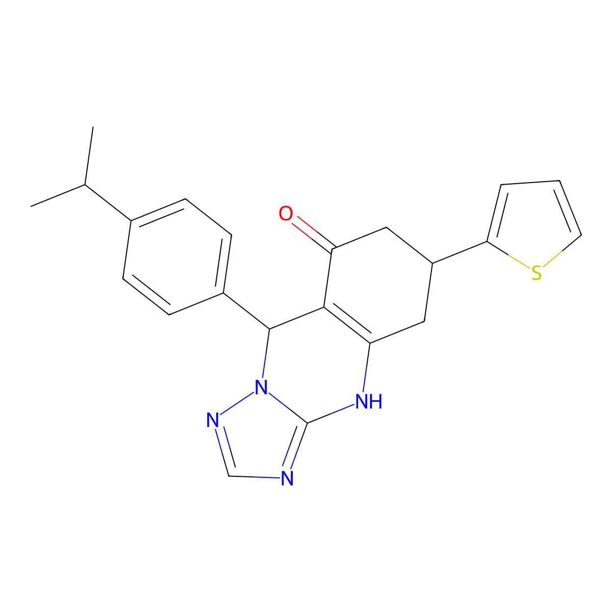 9-[4-(propan-2-yl)phenyl]-6-(thiophen-2-yl)-5,6,7,9-tetrahydro[1,2,4]triazolo[5,1-b]quinazolin-8(4H)-one molecular structure, CAS 727394-78-7