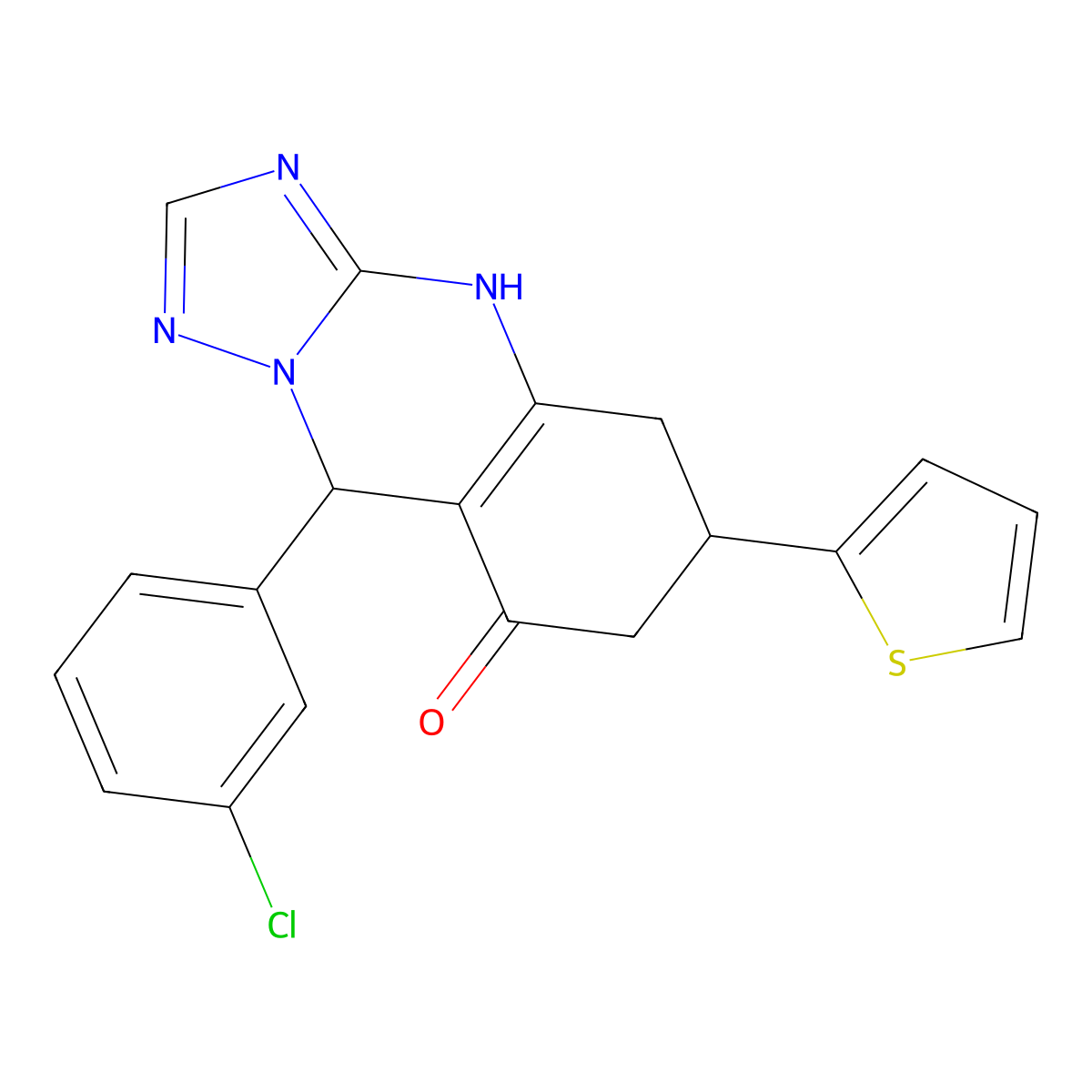 9-(3-chlorophenyl)-6-(thiophen-2-yl)-5,6,7,9-tetrahydro[1,2,4]triazolo[5,1-b]quinazolin-8(4H)-one molecular structure, CAS 727394-79-8
