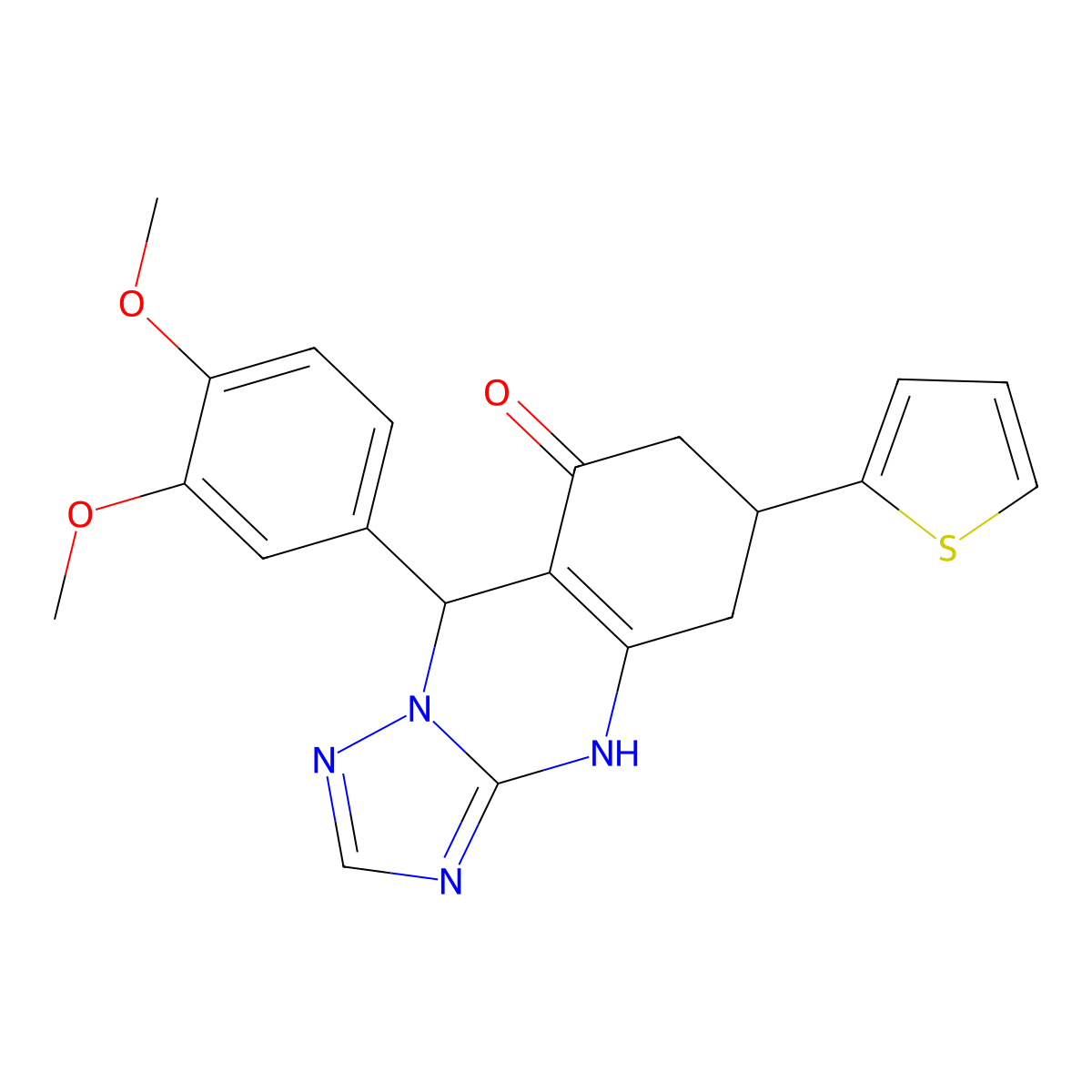 9-(3,4-dimethoxyphenyl)-6-(thiophen-2-yl)-5,6,7,9-tetrahydro[1,2,4]triazolo[5,1-b]quinazolin-8(4H)-one molecular structure, CAS 727394-80-1