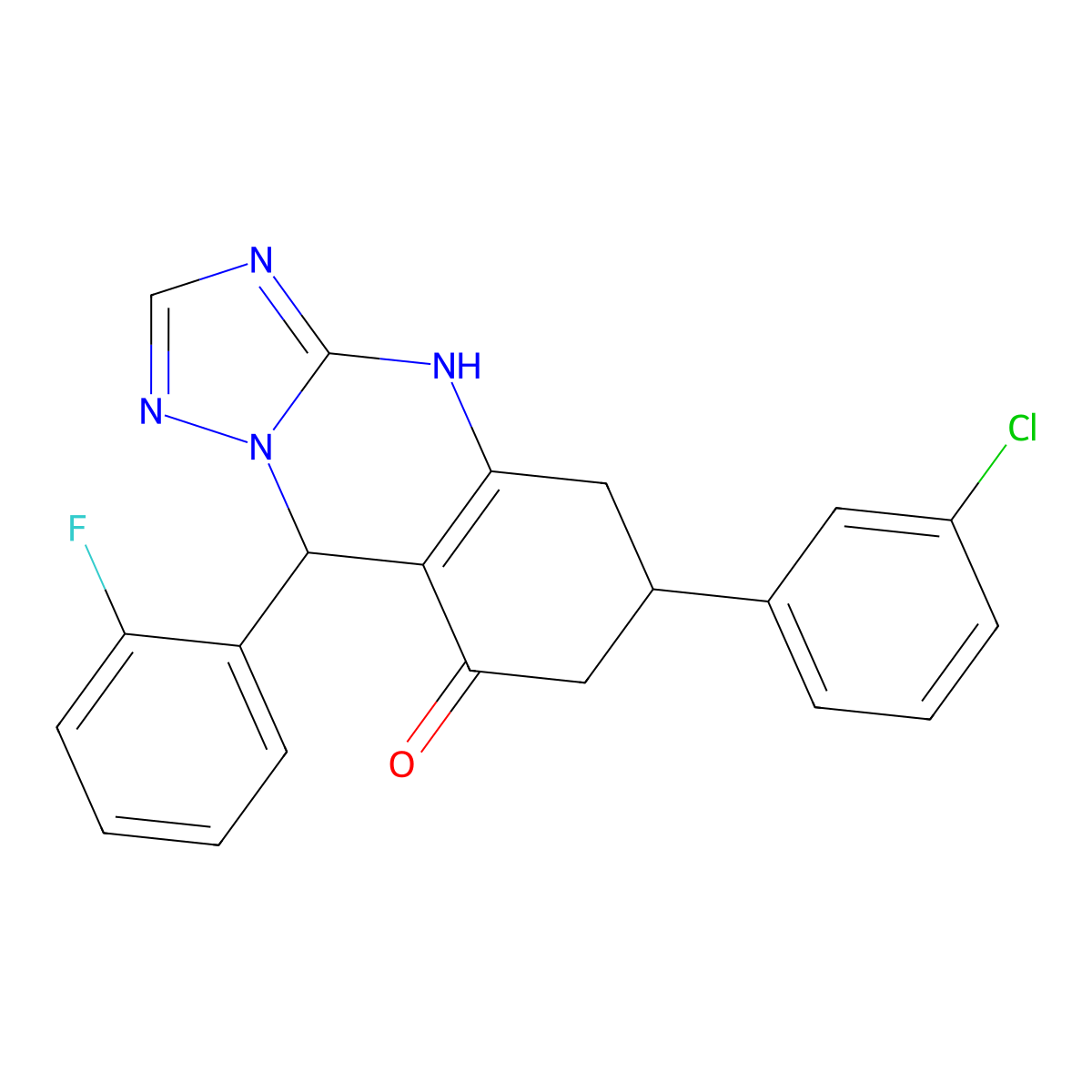 6-(3-chlorophenyl)-9-(2-fluorophenyl)-5,6,7,9-tetrahydro[1,2,4]triazolo[5,1-b]quinazolin-8(4H)-one molecular structure, CAS 727394-84-5