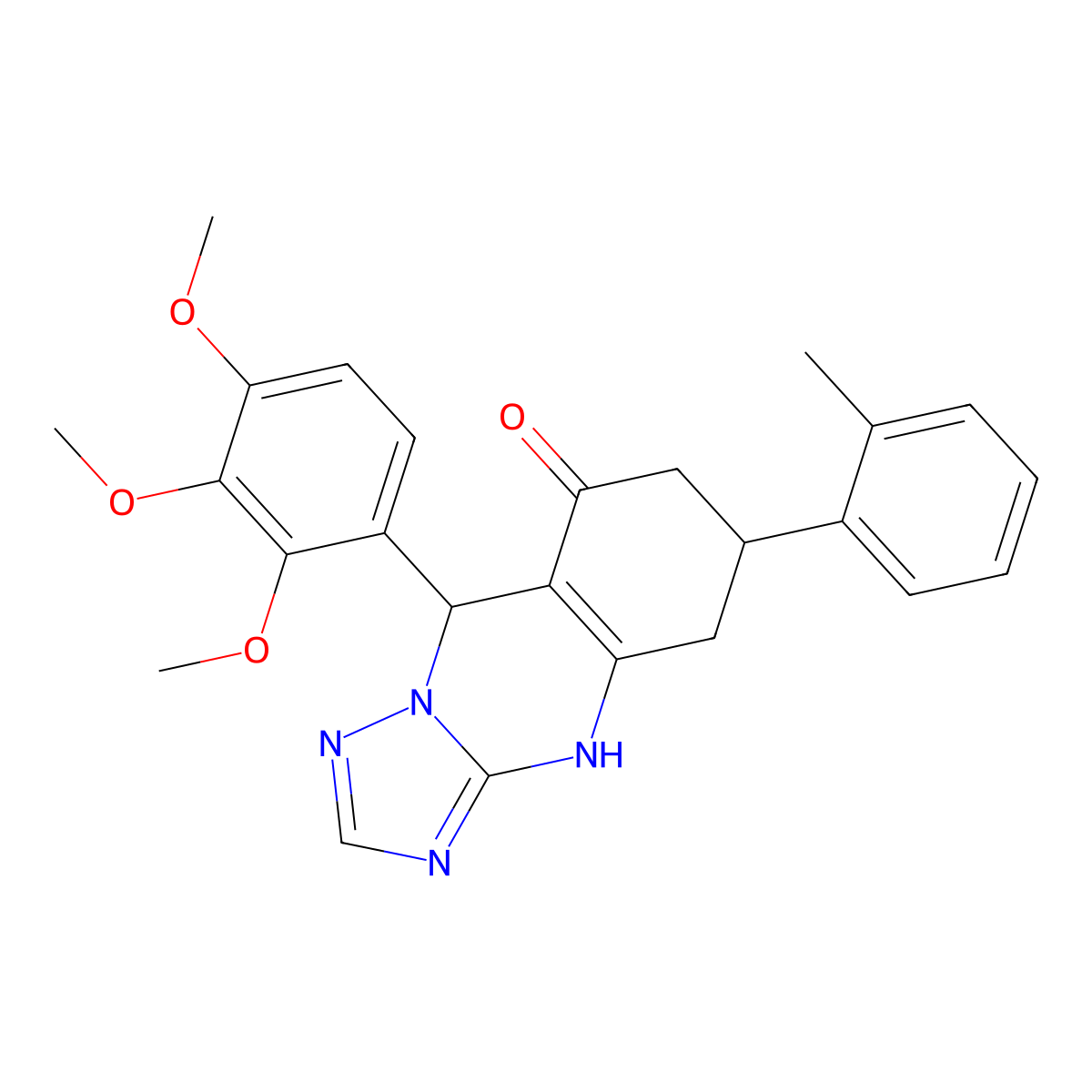 6-(2-methylphenyl)-9-(2,3,4-trimethoxyphenyl)-5,6,7,9-tetrahydro[1,2,4]triazolo[5,1-b]quinazolin-8(4H)-one molecular structure, CAS 727395-05-3