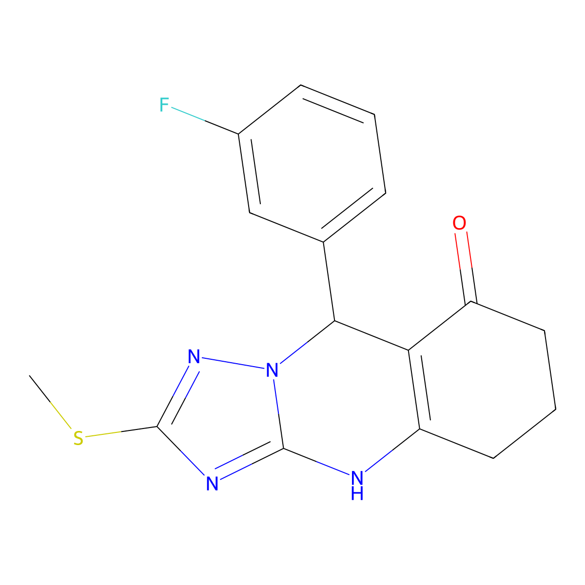 9-(3-fluorophenyl)-2-(methylsulfanyl)-5,6,7,9-tetrahydro[1,2,4]triazolo[5,1-b]quinazolin-8(4H)-one molecular structure, CAS 727395-22-4