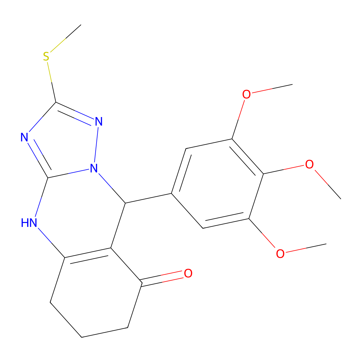 2-(methylsulfanyl)-9-(3,4,5-trimethoxyphenyl)-5,6,7,9-tetrahydro[1,2,4]triazolo[5,1-b]quinazolin-8(4H)-one molecular structure, CAS 727395-36-0