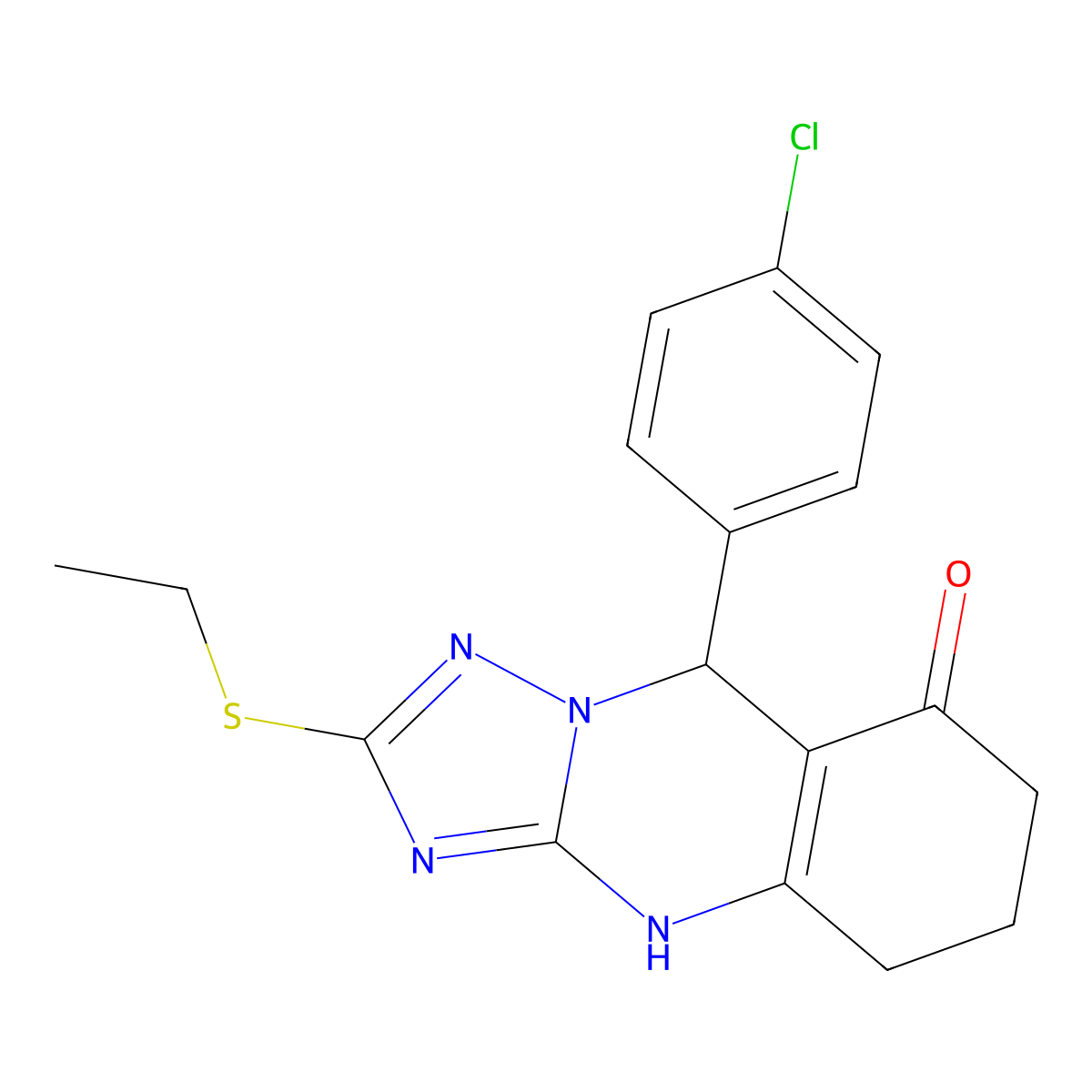 9-(4-chlorophenyl)-2-(ethylsulfanyl)-5,6,7,9-tetrahydro[1,2,4]triazolo[5,1-b]quinazolin-8(4H)-one molecular structure, CAS 727395-54-2