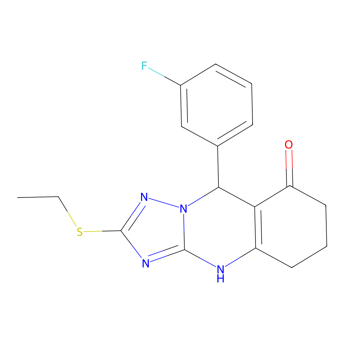 2-(ethylsulfanyl)-9-(3-fluorophenyl)-5,6,7,9-tetrahydro[1,2,4]triazolo[5,1-b]quinazolin-8(4H)-one molecular structure, CAS 727395-67-7