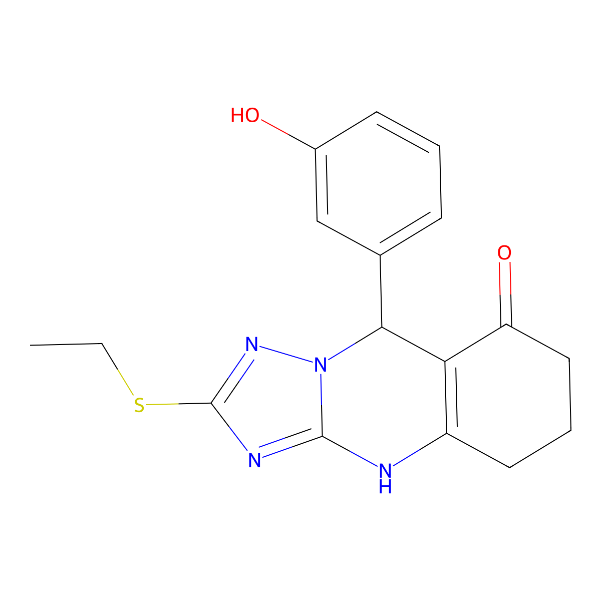 2-(ethylsulfanyl)-9-(3-hydroxyphenyl)-5,6,7,9-tetrahydro[1,2,4]triazolo[5,1-b]quinazolin-8(4H)-one molecular structure, CAS 727395-68-8