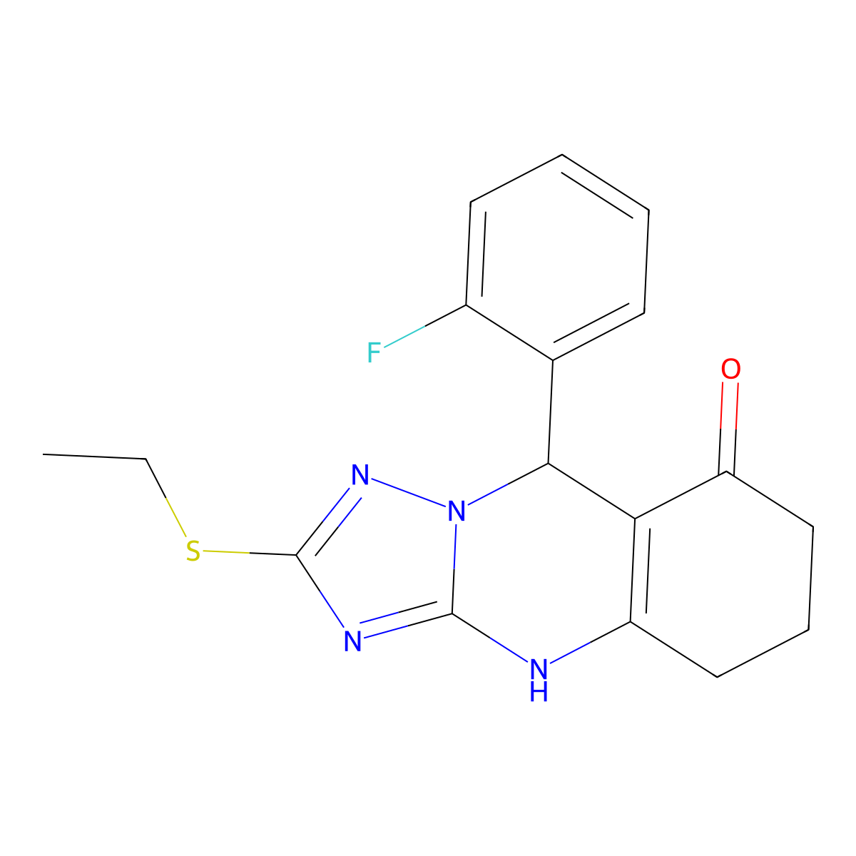 2-(ethylsulfanyl)-9-(2-fluorophenyl)-5,6,7,9-tetrahydro[1,2,4]triazolo[5,1-b]quinazolin-8(4H)-one molecular structure, CAS 727401-90-3