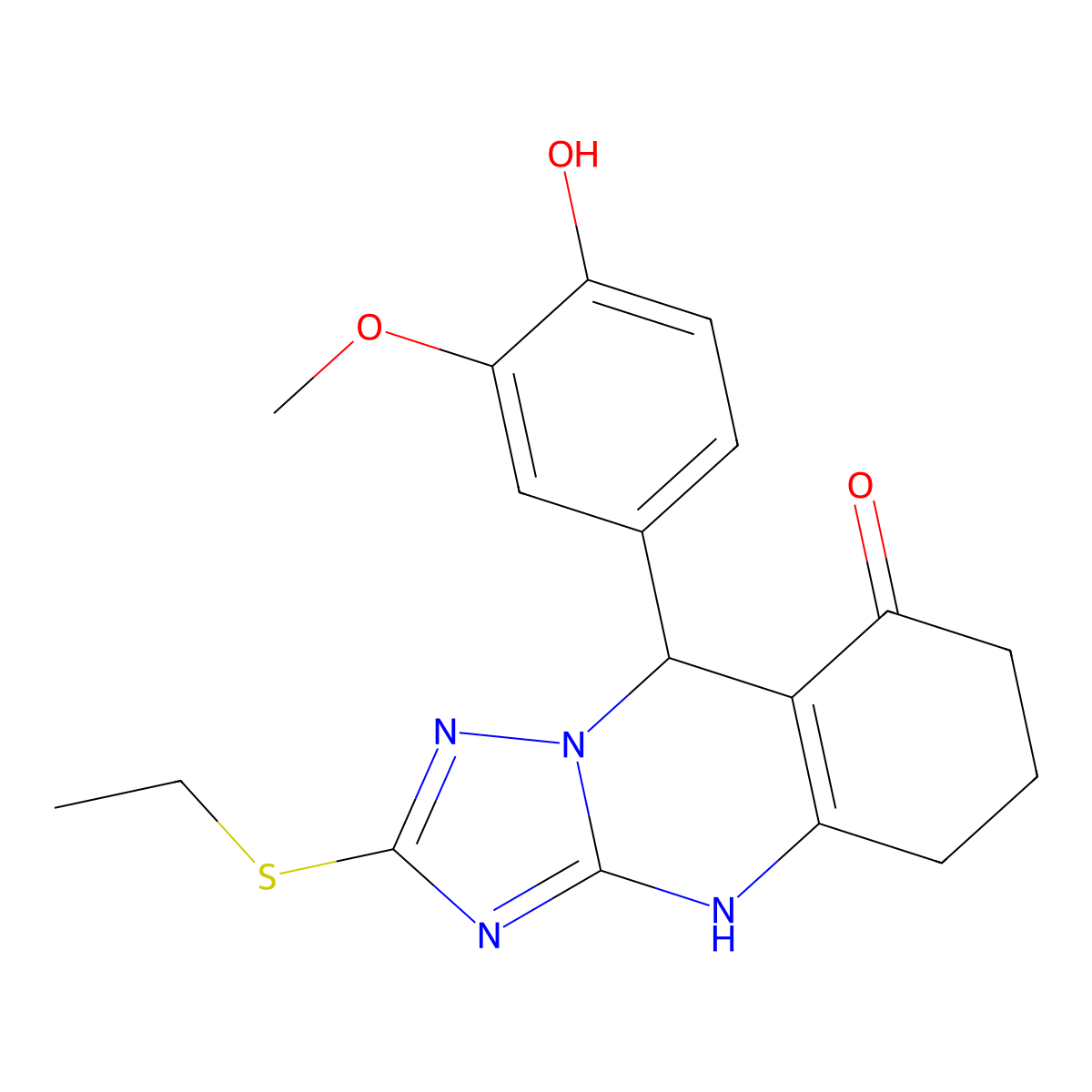 2-(ethylsulfanyl)-9-(4-hydroxy-3-methoxyphenyl)-5,6,7,9-tetrahydro[1,2,4]triazolo[5,1-b]quinazolin-8(4H)-one molecular structure, CAS 727401-97-0