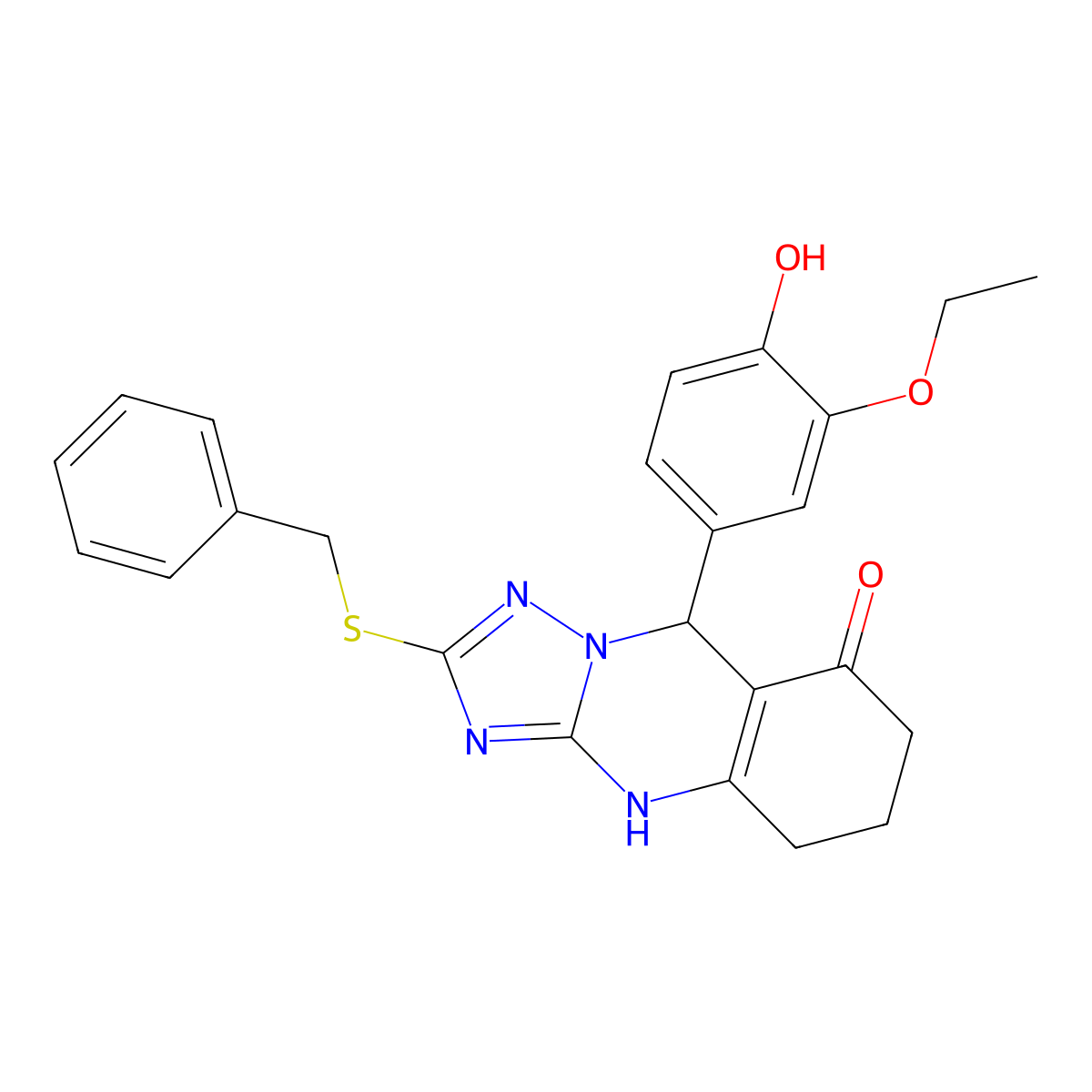 2-(benzylsulfanyl)-9-(3-ethoxy-4-hydroxyphenyl)-5,6,7,9-tetrahydro[1,2,4]triazolo[5,1-b]quinazolin-8(4H)-one molecular structure, CAS 727402-34-8