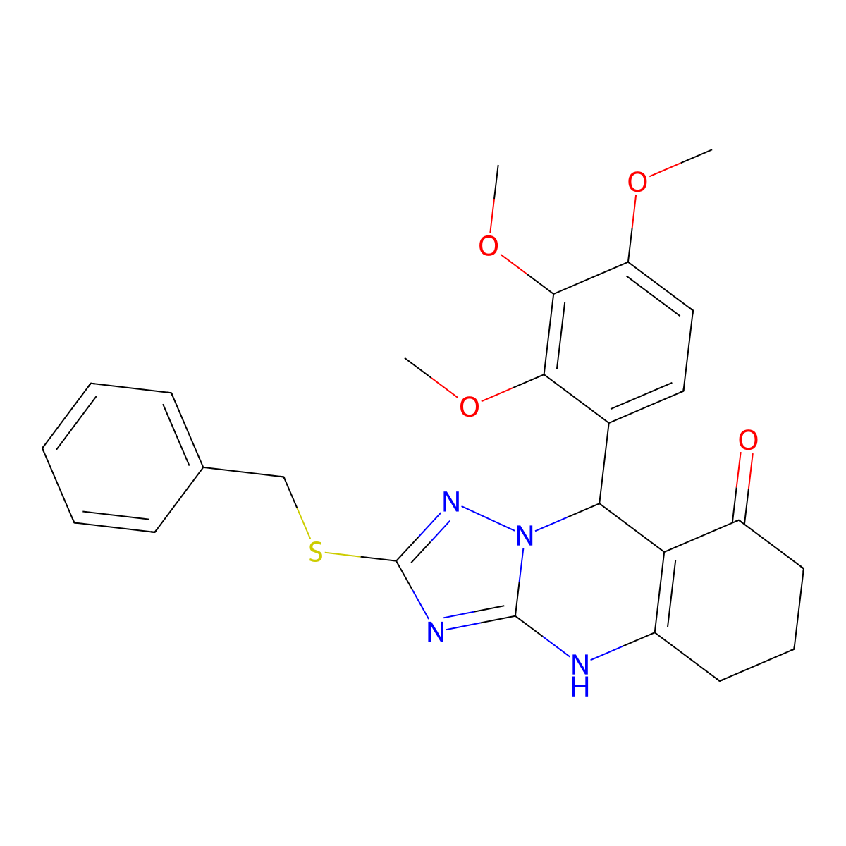 2-(benzylsulfanyl)-9-(2,3,4-trimethoxyphenyl)-5,6,7,9-tetrahydro[1,2,4]triazolo[5,1-b]quinazolin-8(4H)-one molecular structure, CAS 727402-36-0
