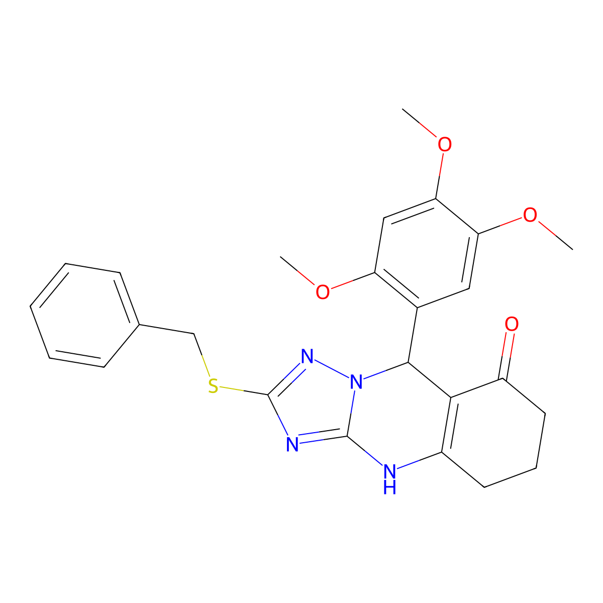 2-(benzylsulfanyl)-9-(2,4,5-trimethoxyphenyl)-5,6,7,9-tetrahydro[1,2,4]triazolo[5,1-b]quinazolin-8(4H)-one molecular structure, CAS 727402-38-2