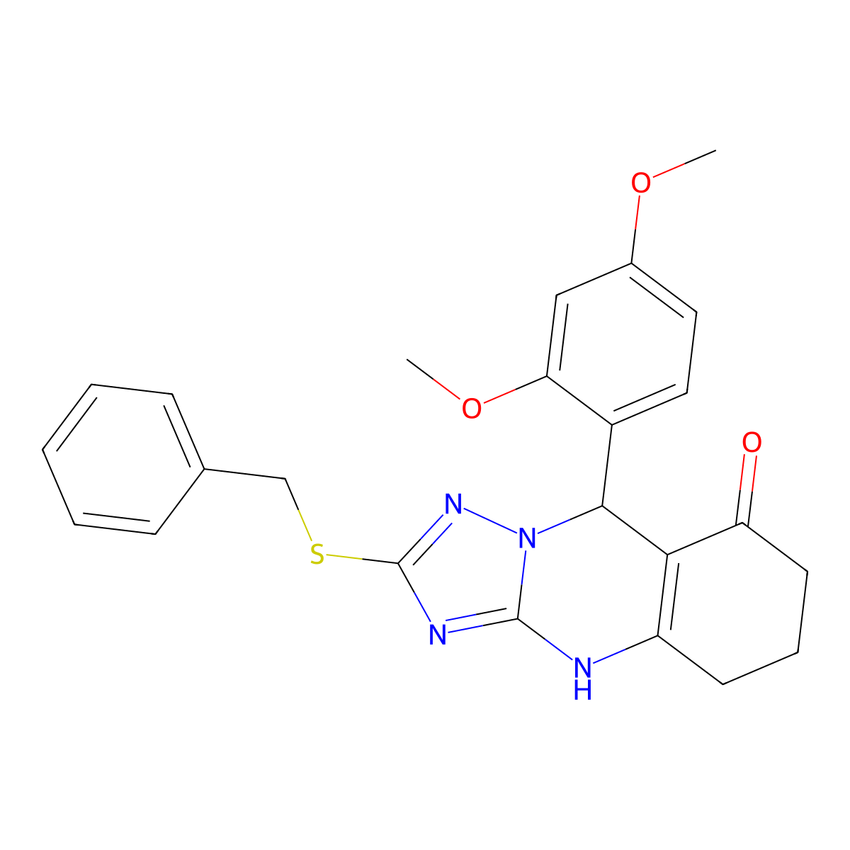 2-(benzylsulfanyl)-9-(2,4-dimethoxyphenyl)-5,6,7,9-tetrahydro[1,2,4]triazolo[5,1-b]quinazolin-8(4H)-one molecular structure, CAS 727402-39-3
