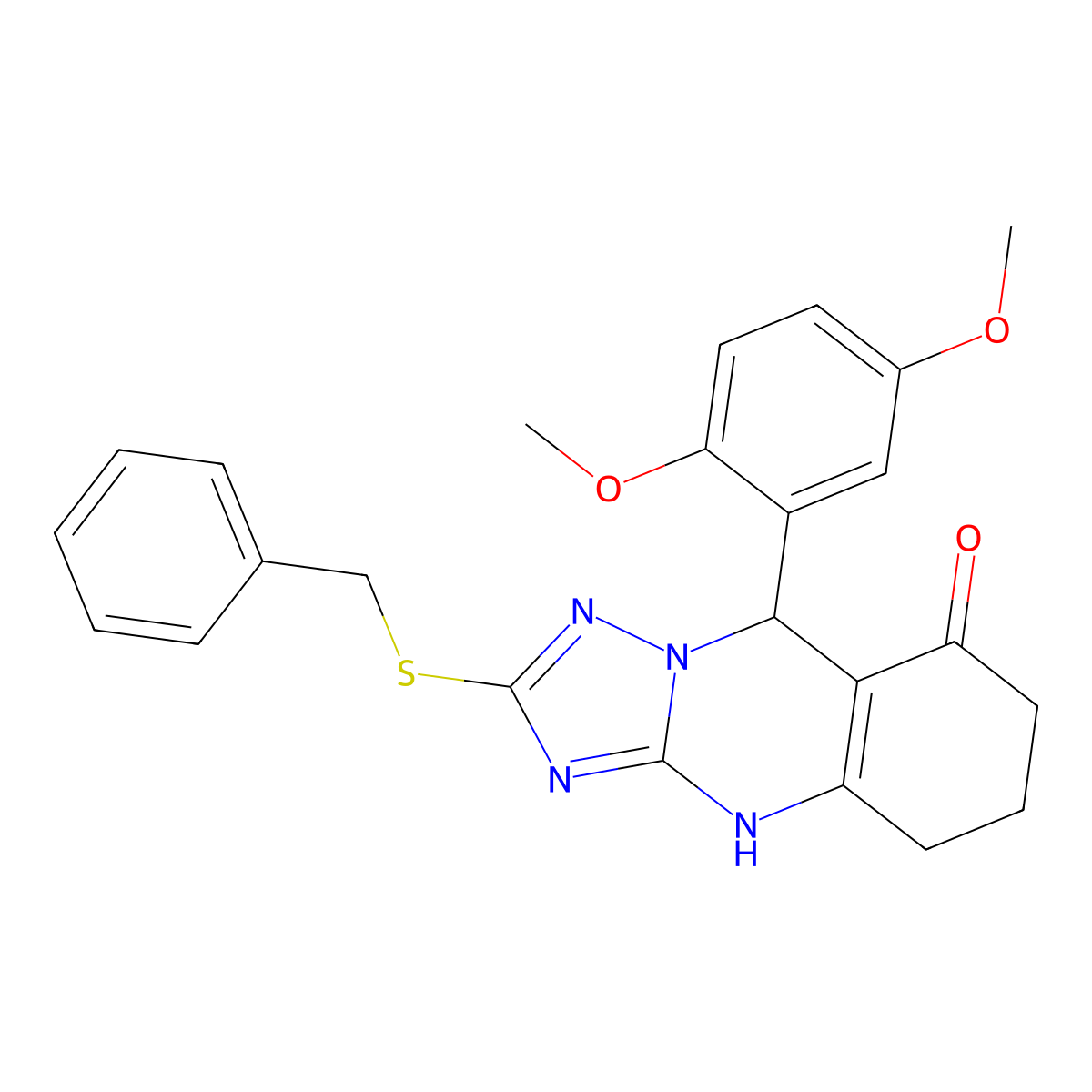 2-(benzylsulfanyl)-9-(2,5-dimethoxyphenyl)-5,6,7,9-tetrahydro[1,2,4]triazolo[5,1-b]quinazolin-8(4H)-one molecular structure, CAS 727402-40-6