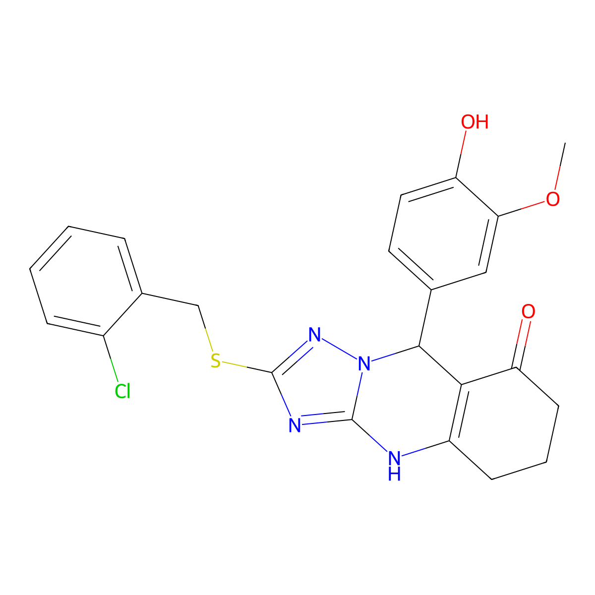 2-[(2-chlorobenzyl)sulfanyl]-9-(4-hydroxy-3-methoxyphenyl)-5,6,7,9-tetrahydro[1,2,4]triazolo[5,1-b]quinazolin-8(4H)-one molecular structure, CAS 727402-66-6