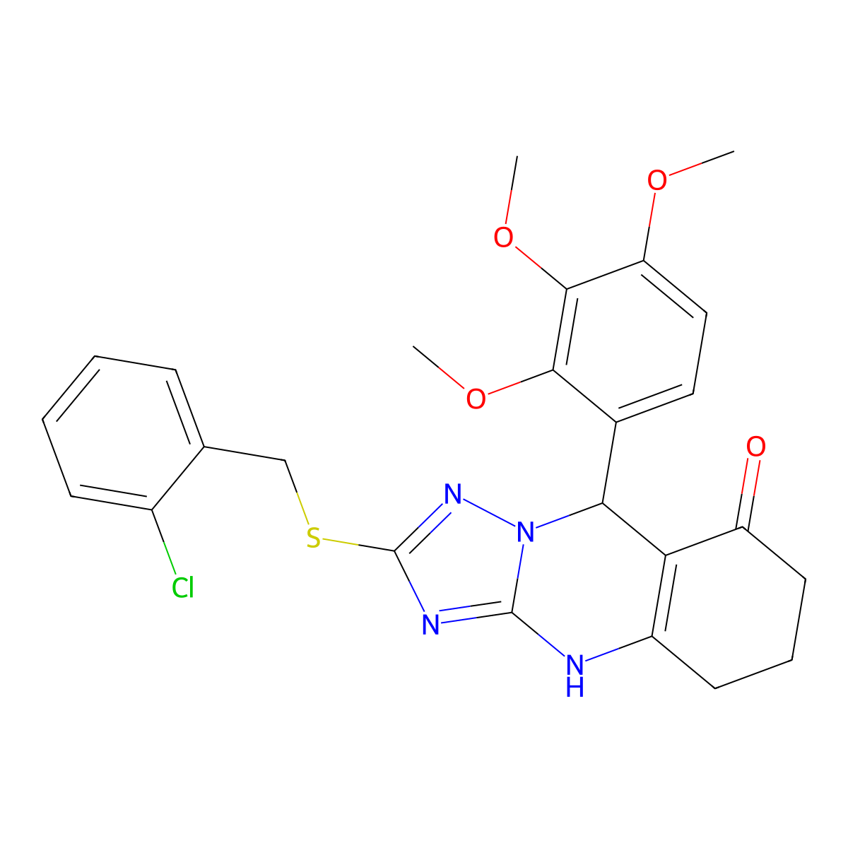 2-[(2-chlorobenzyl)sulfanyl]-9-(2,3,4-trimethoxyphenyl)-5,6,7,9-tetrahydro[1,2,4]triazolo[5,1-b]quinazolin-8(4H)-one molecular structure, CAS 727402-67-7