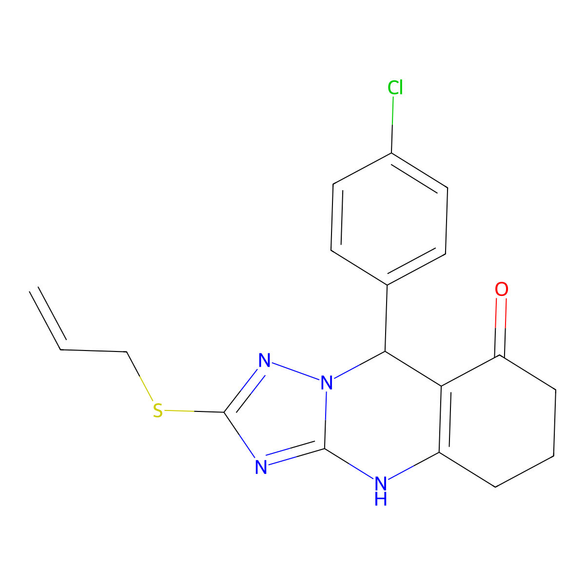 9-(4-chlorophenyl)-2-(prop-2-en-1-ylsulfanyl)-5,6,7,9-tetrahydro[1,2,4]triazolo[5,1-b]quinazolin-8(4H)-one molecular structure, CAS 727402-84-8