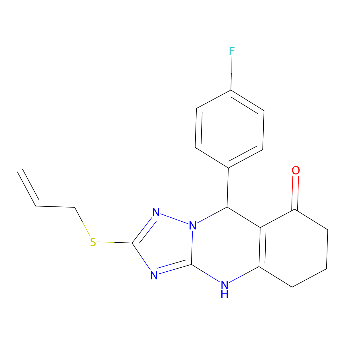 9-(4-fluorophenyl)-2-(prop-2-en-1-ylsulfanyl)-5,6,7,9-tetrahydro[1,2,4]triazolo[5,1-b]quinazolin-8(4H)-one molecular structure, CAS 727402-85-9