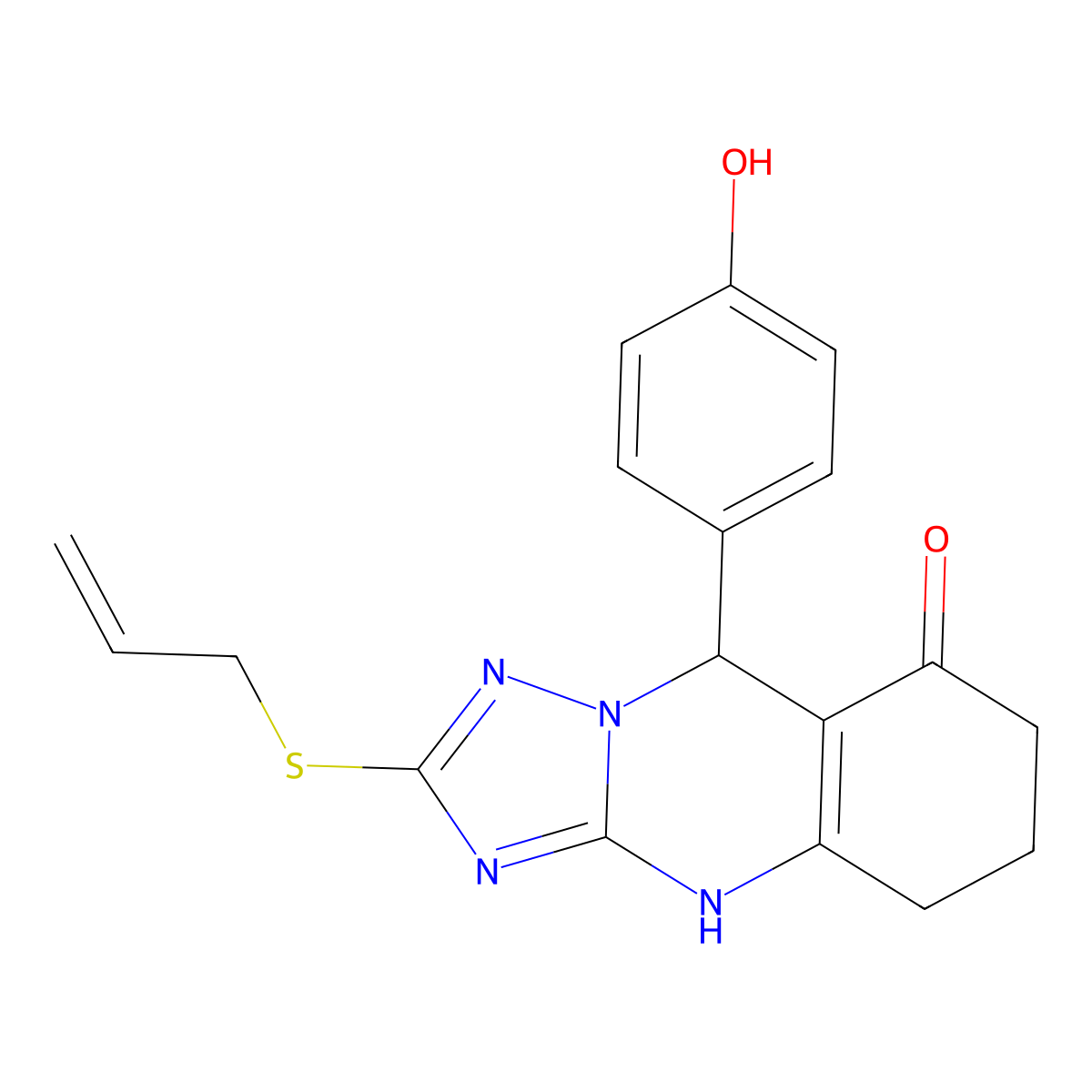 9-(4-hydroxyphenyl)-2-(prop-2-en-1-ylsulfanyl)-5,6,7,9-tetrahydro[1,2,4]triazolo[5,1-b]quinazolin-8(4H)-one molecular structure, CAS 727402-86-0