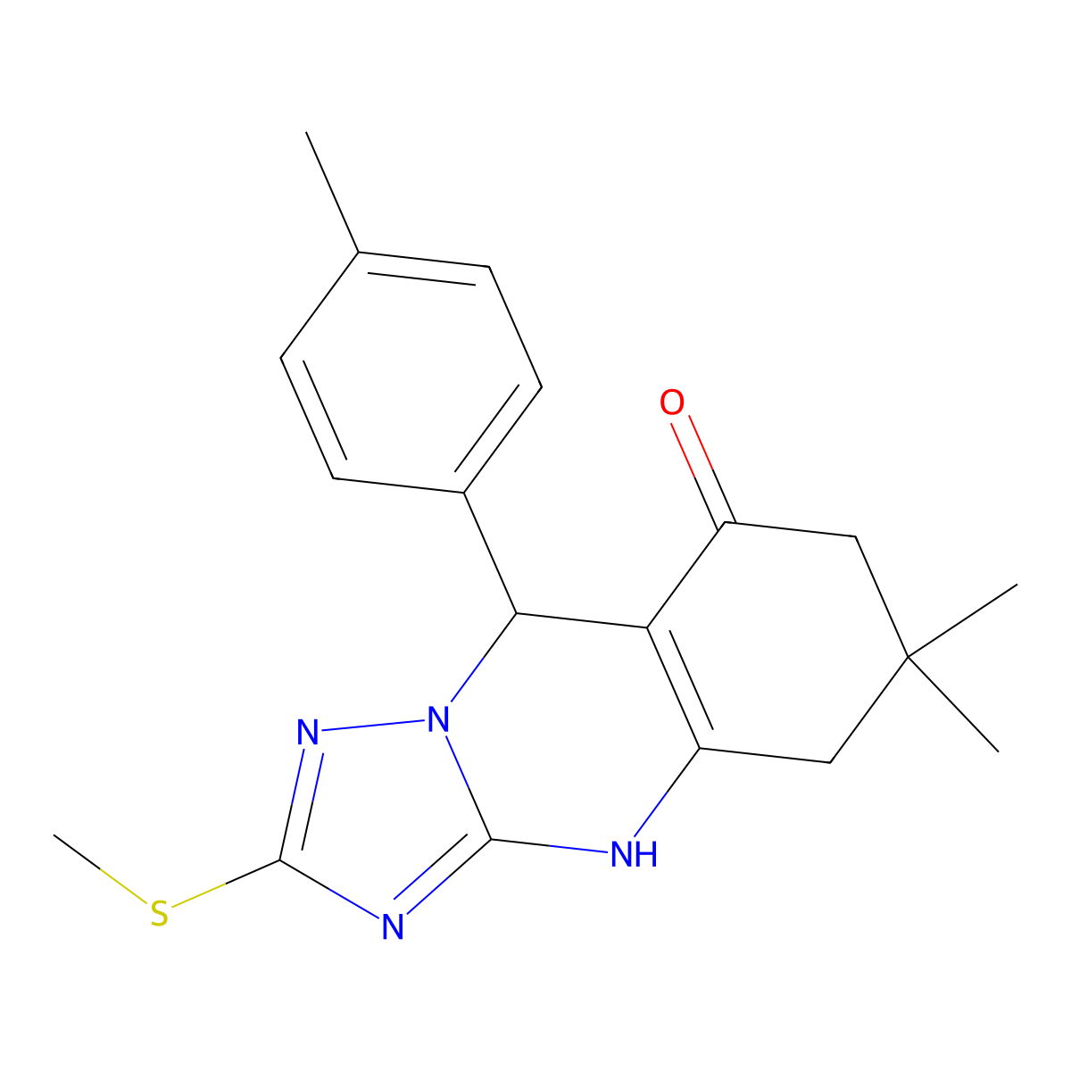 6,6-dimethyl-9-(4-methylphenyl)-2-(methylsulfanyl)-5,6,7,9-tetrahydro[1,2,4]triazolo[5,1-b]quinazolin-8(4H)-one molecular structure, CAS 727403-33-0
