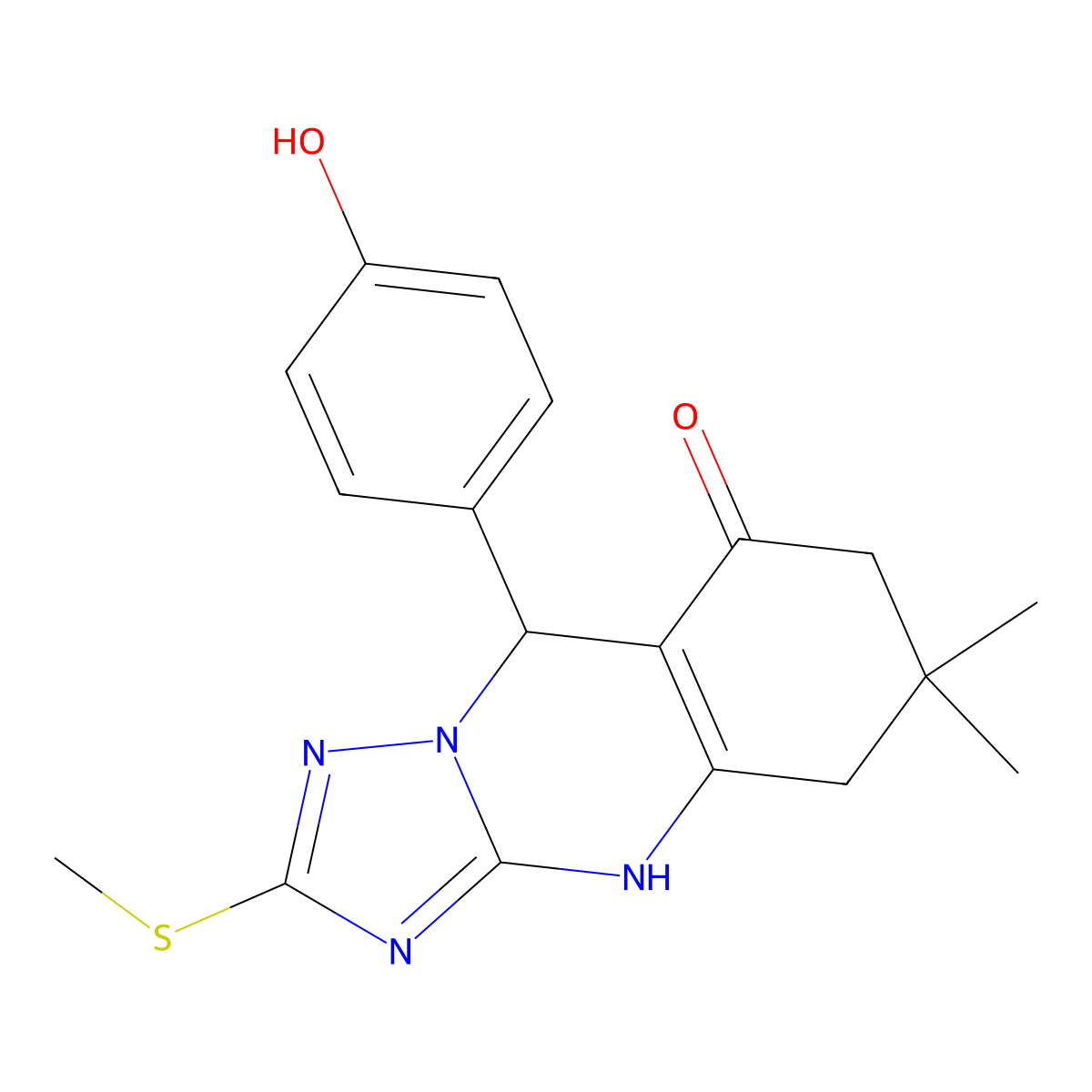 9-(4-hydroxyphenyl)-6,6-dimethyl-2-(methylsulfanyl)-5,6,7,9-tetrahydro[1,2,4]triazolo[5,1-b]quinazolin-8(4H)-one molecular structure, CAS 727403-34-1