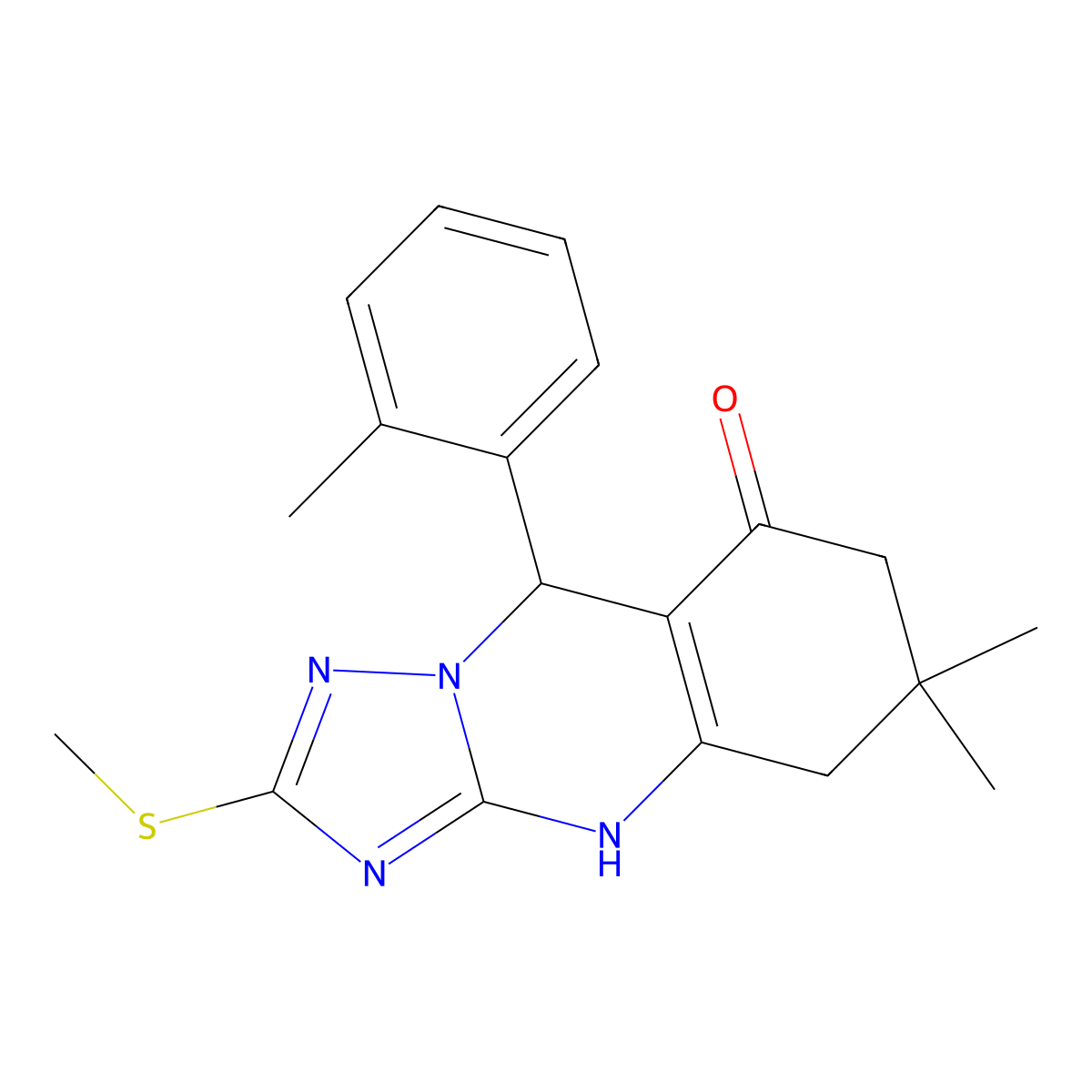 6,6-dimethyl-9-(2-methylphenyl)-2-(methylsulfanyl)-5,6,7,9-tetrahydro[1,2,4]triazolo[5,1-b]quinazolin-8(4H)-one molecular structure, CAS 727403-47-6