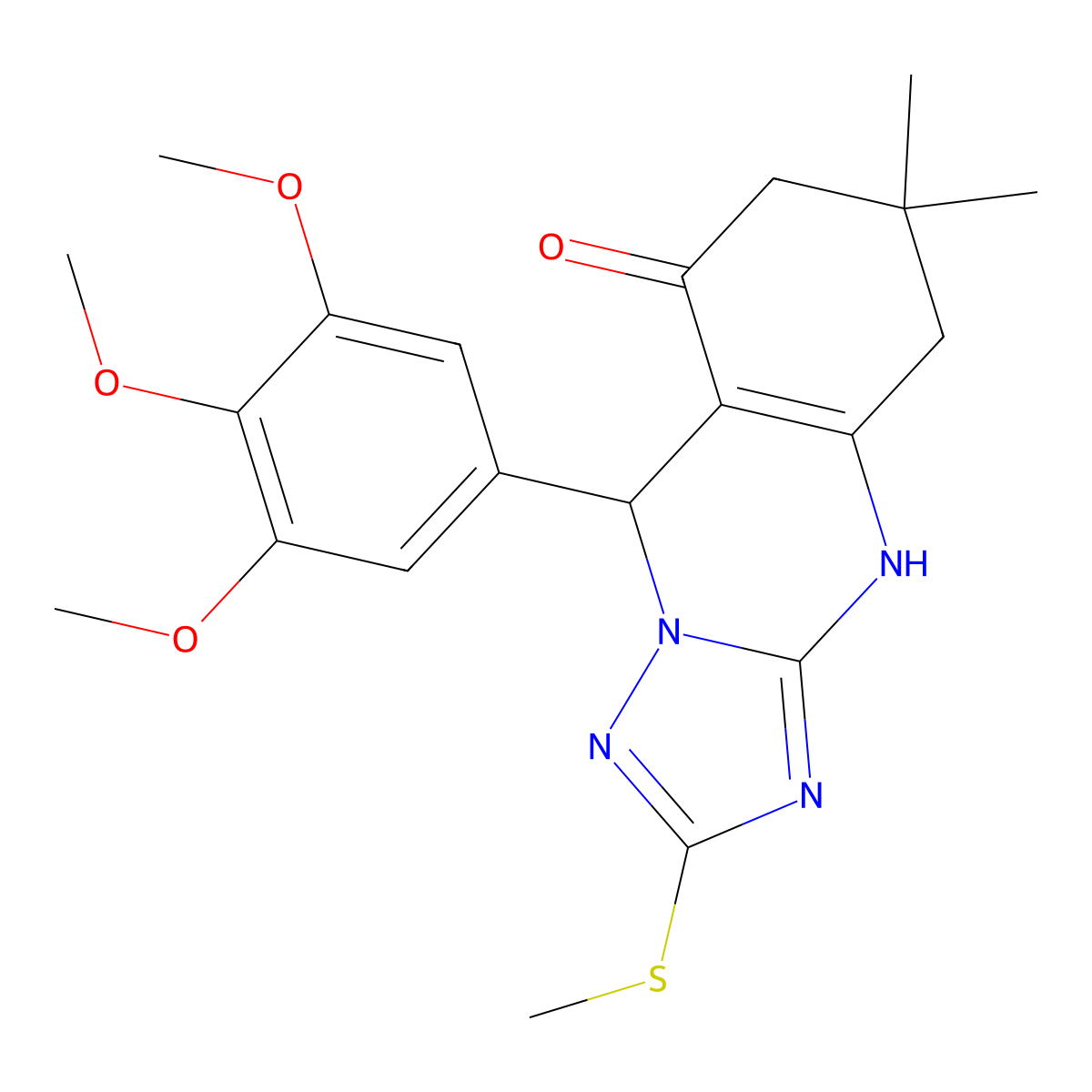 6,6-dimethyl-2-(methylsulfanyl)-9-(3,4,5-trimethoxyphenyl)-5,6,7,9-tetrahydro[1,2,4]triazolo[5,1-b]quinazolin-8(4H)-one molecular structure, CAS 727403-55-6