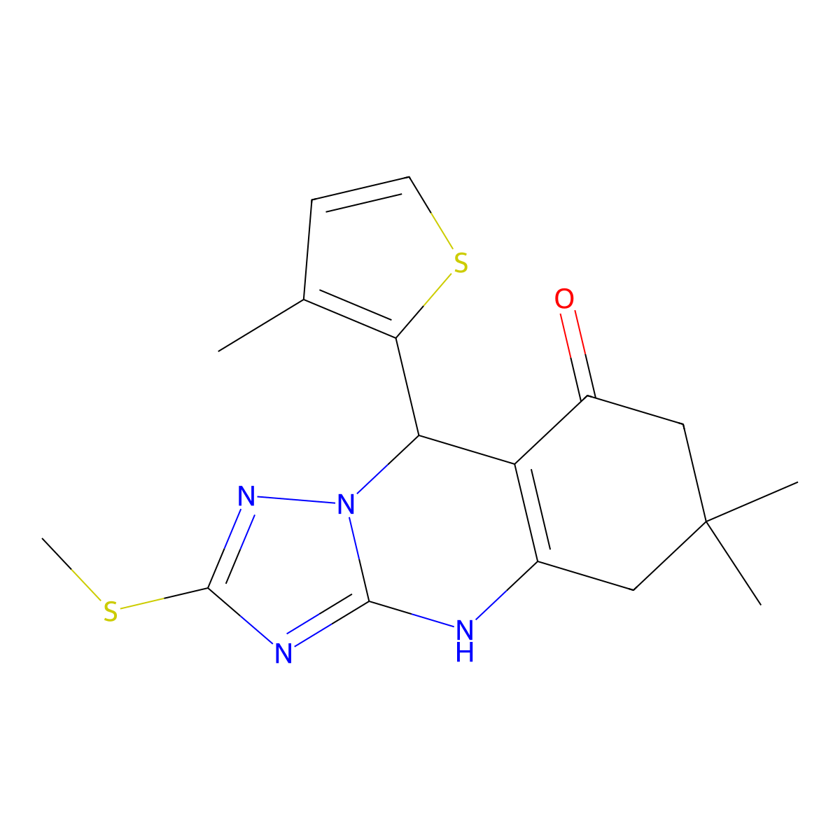 6,6-dimethyl-2-(methylsulfanyl)-9-(3-methylthiophen-2-yl)-5,6,7,9-tetrahydro[1,2,4]triazolo[5,1-b]quinazolin-8(4H)-one molecular structure, CAS 727403-65-8