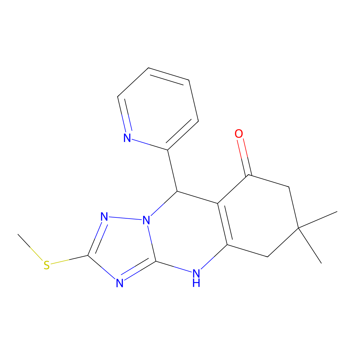 6,6-dimethyl-2-(methylsulfanyl)-9-(pyridin-2-yl)-5,6,7,9-tetrahydro[1,2,4]triazolo[5,1-b]quinazolin-8(4H)-one molecular structure, CAS 727403-69-2