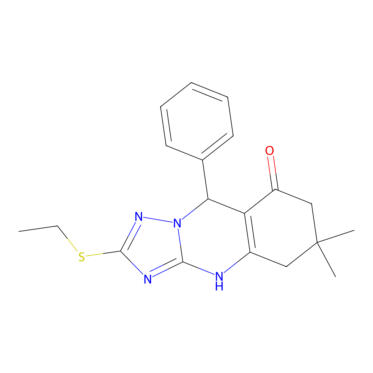 2-(ethylsulfanyl)-6,6-dimethyl-9-phenyl-5,6,7,9-tetrahydro[1,2,4]triazolo[5,1-b]quinazolin-8(4H)-one molecular structure, CAS 727403-71-6