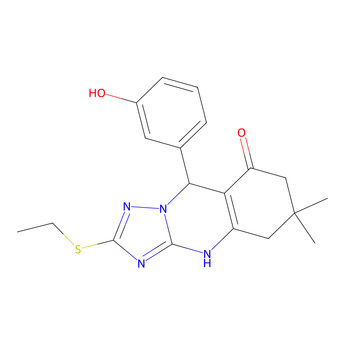 2-(ethylsulfanyl)-9-(3-hydroxyphenyl)-6,6-dimethyl-5,6,7,9-tetrahydro[1,2,4]triazolo[5,1-b]quinazolin-8(4H)-one molecular structure, CAS 727403-87-4