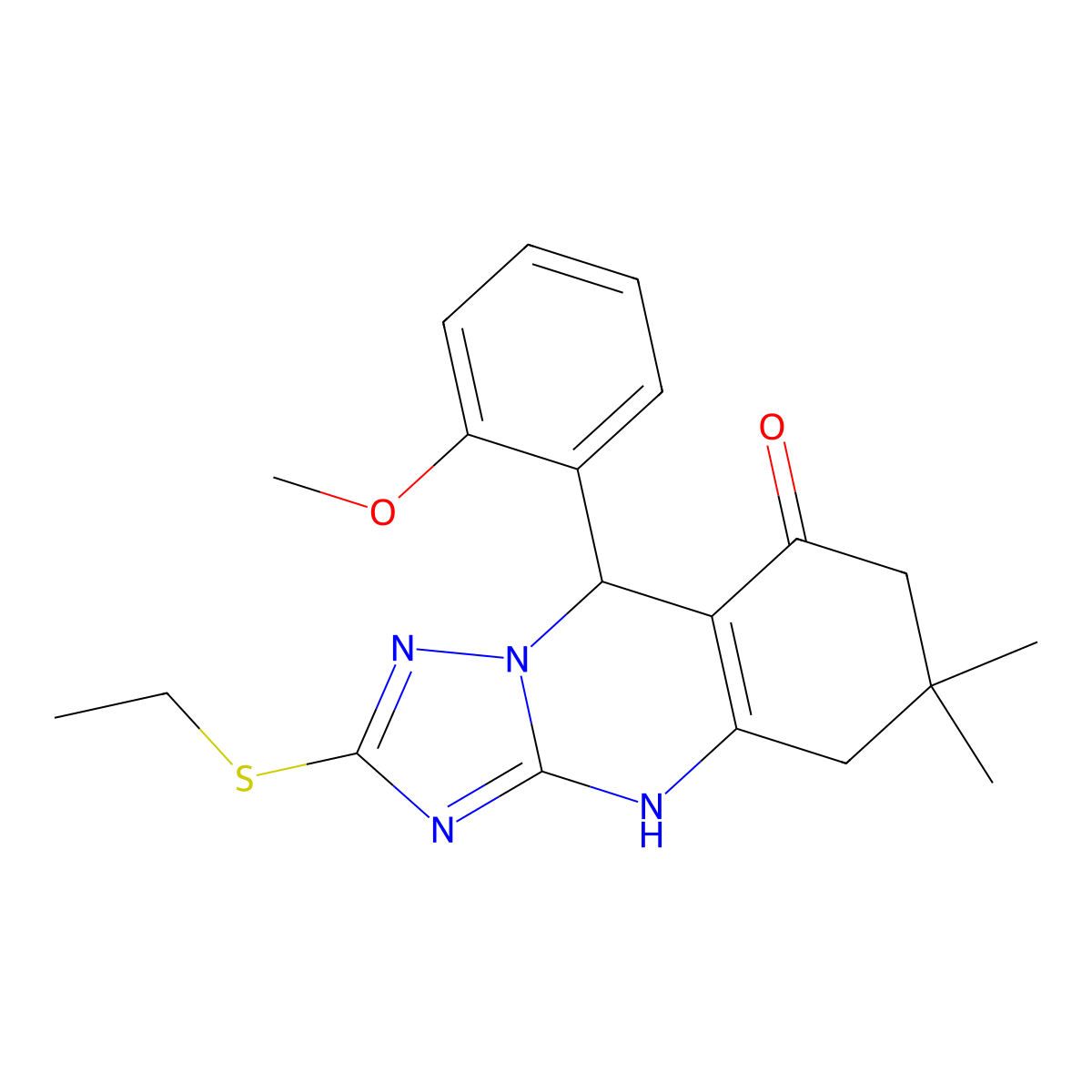 2-(ethylsulfanyl)-9-(2-methoxyphenyl)-6,6-dimethyl-5,6,7,9-tetrahydro[1,2,4]triazolo[5,1-b]quinazolin-8(4H)-one molecular structure, CAS 727403-95-4