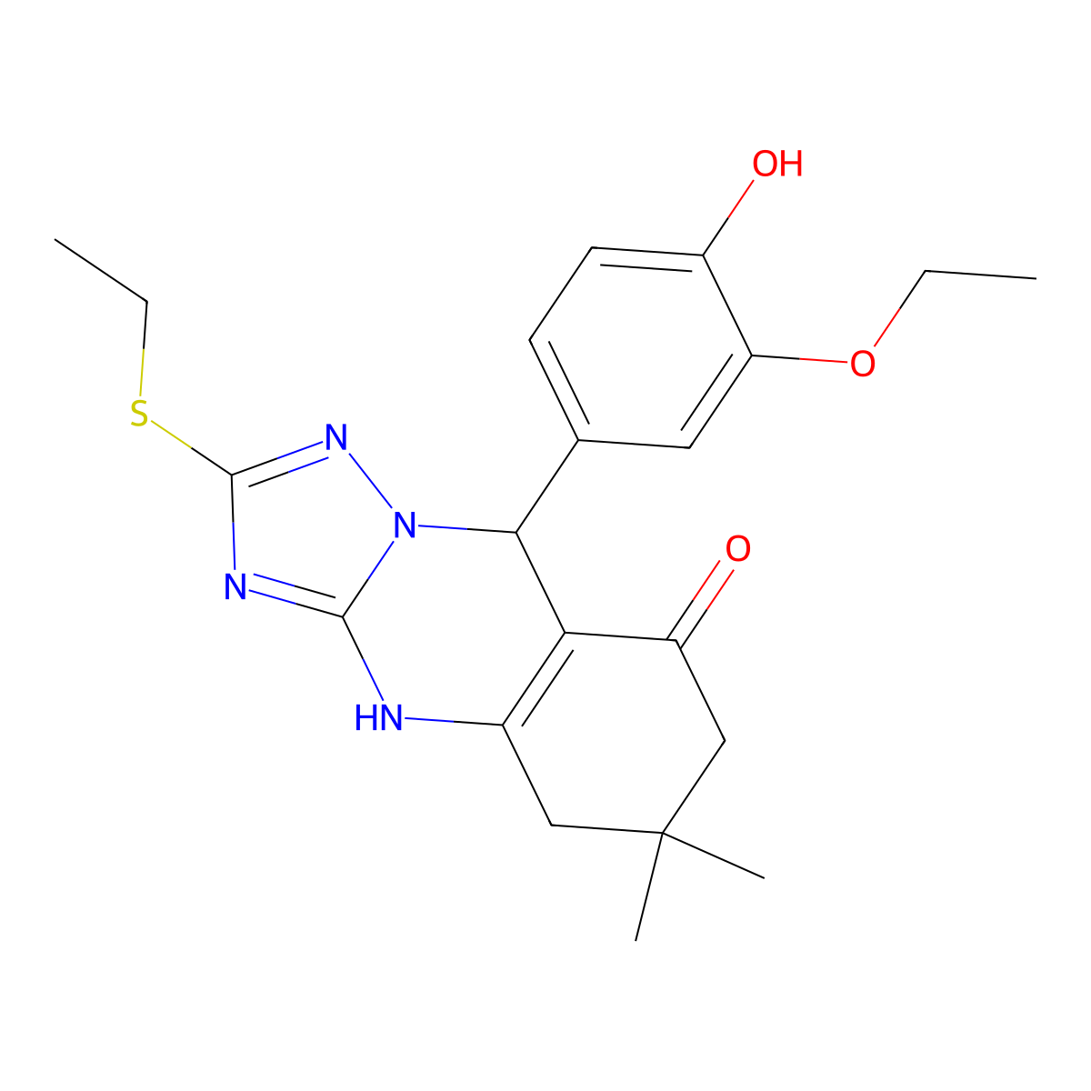 9-(3-ethoxy-4-hydroxyphenyl)-2-(ethylsulfanyl)-6,6-dimethyl-5,6,7,9-tetrahydro[1,2,4]triazolo[5,1-b]quinazolin-8(4H)-one molecular structure, CAS 727403-99-8