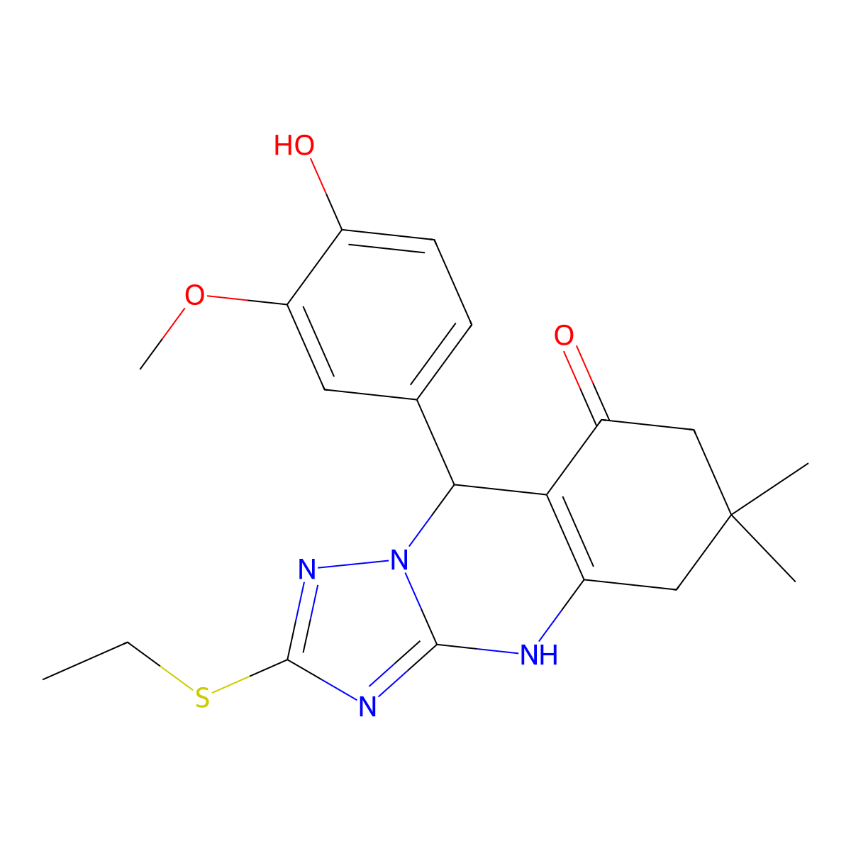 2-(ethylsulfanyl)-9-(4-hydroxy-3-methoxyphenyl)-6,6-dimethyl-5,6,7,9-tetrahydro[1,2,4]triazolo[5,1-b]quinazolin-8(4H)-one molecular structure, CAS 727404-00-4