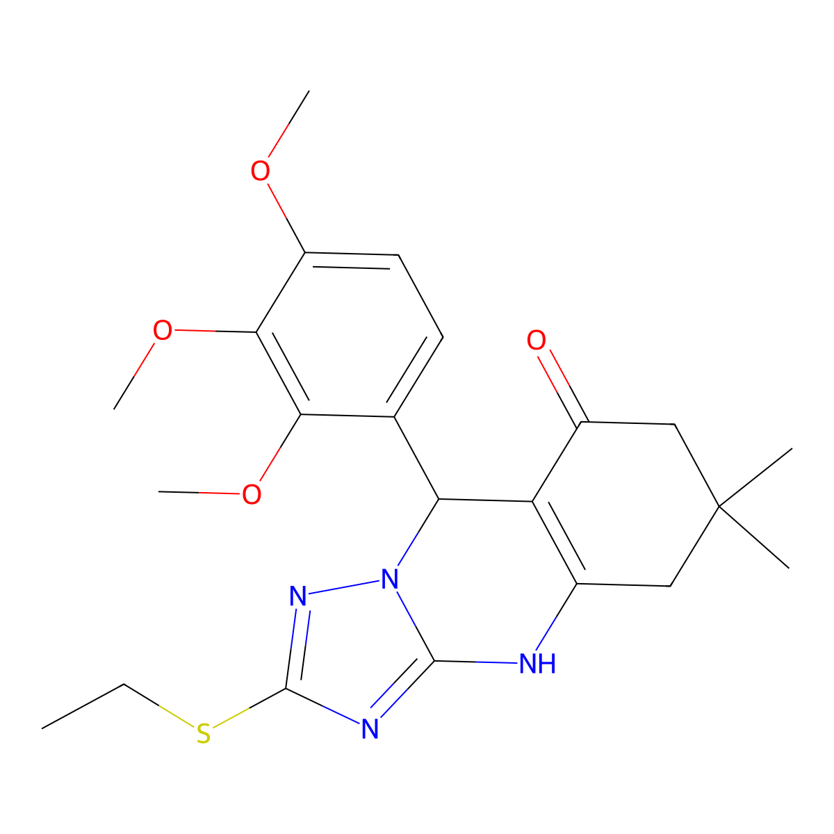 2-(ethylsulfanyl)-6,6-dimethyl-9-(2,3,4-trimethoxyphenyl)-5,6,7,9-tetrahydro[1,2,4]triazolo[5,1-b]quinazolin-8(4H)-one molecular structure, CAS 727404-02-6