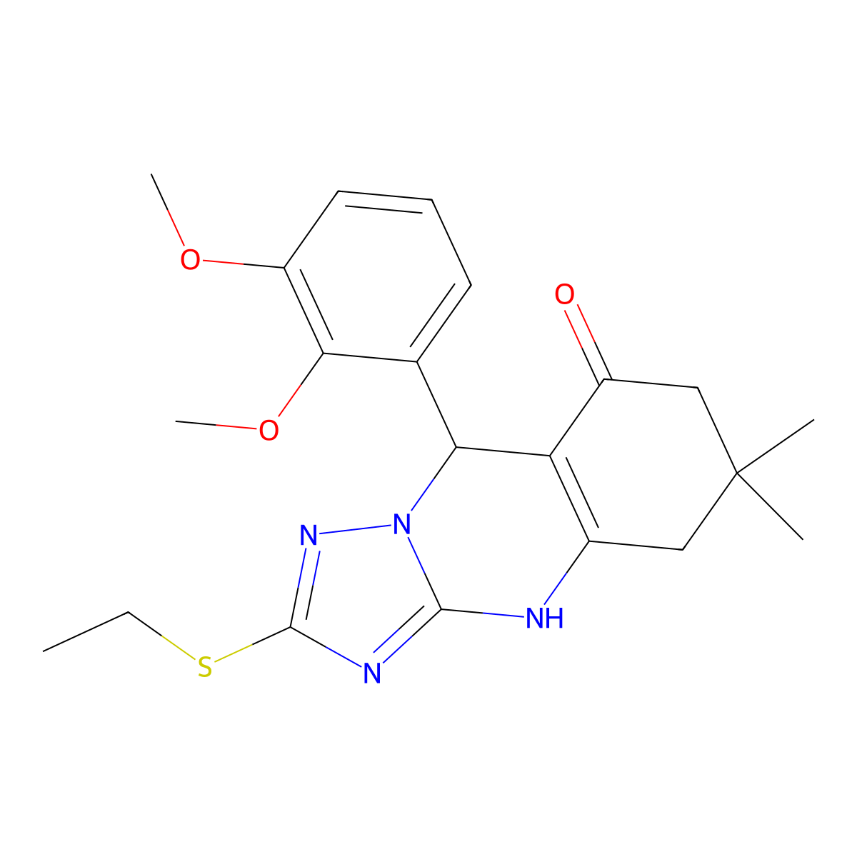 9-(2,3-dimethoxyphenyl)-2-(ethylsulfanyl)-6,6-dimethyl-5,6,7,9-tetrahydro[1,2,4]triazolo[5,1-b]quinazolin-8(4H)-one molecular structure, CAS 727404-03-7