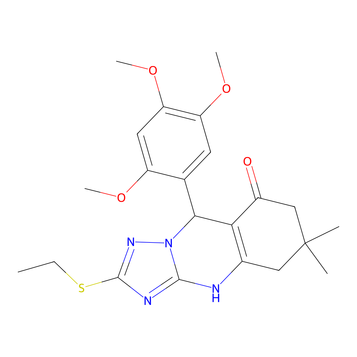 2-(ethylsulfanyl)-6,6-dimethyl-9-(2,4,5-trimethoxyphenyl)-5,6,7,9-tetrahydro[1,2,4]triazolo[5,1-b]quinazolin-8(4H)-one molecular structure, CAS 727404-04-8