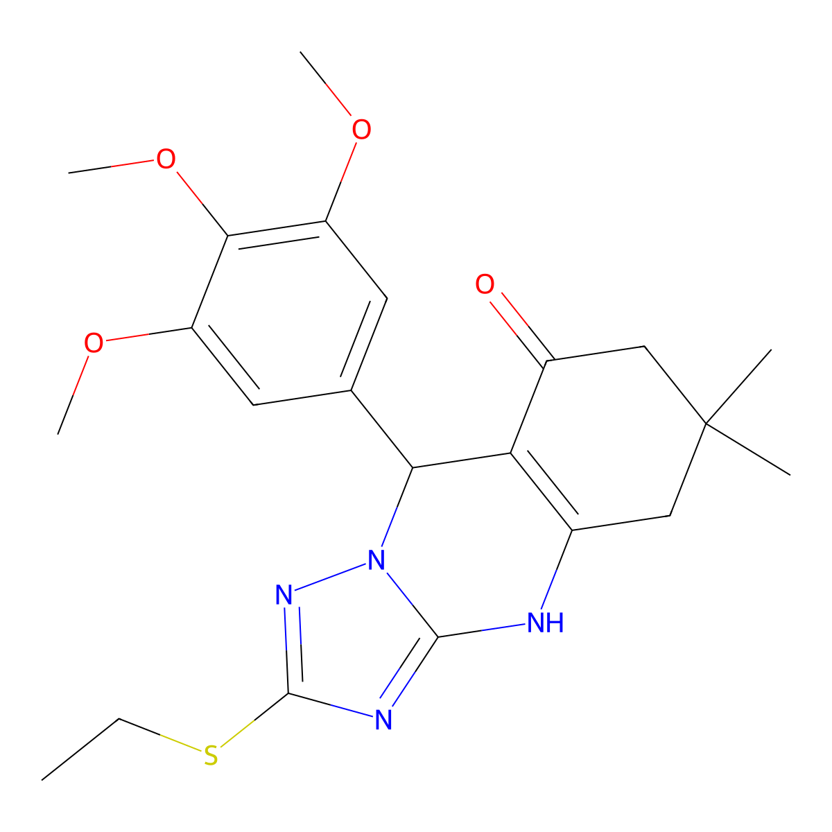 2-(ethylsulfanyl)-6,6-dimethyl-9-(3,4,5-trimethoxyphenyl)-5,6,7,9-tetrahydro[1,2,4]triazolo[5,1-b]quinazolin-8(4H)-one molecular structure, CAS 727404-05-9