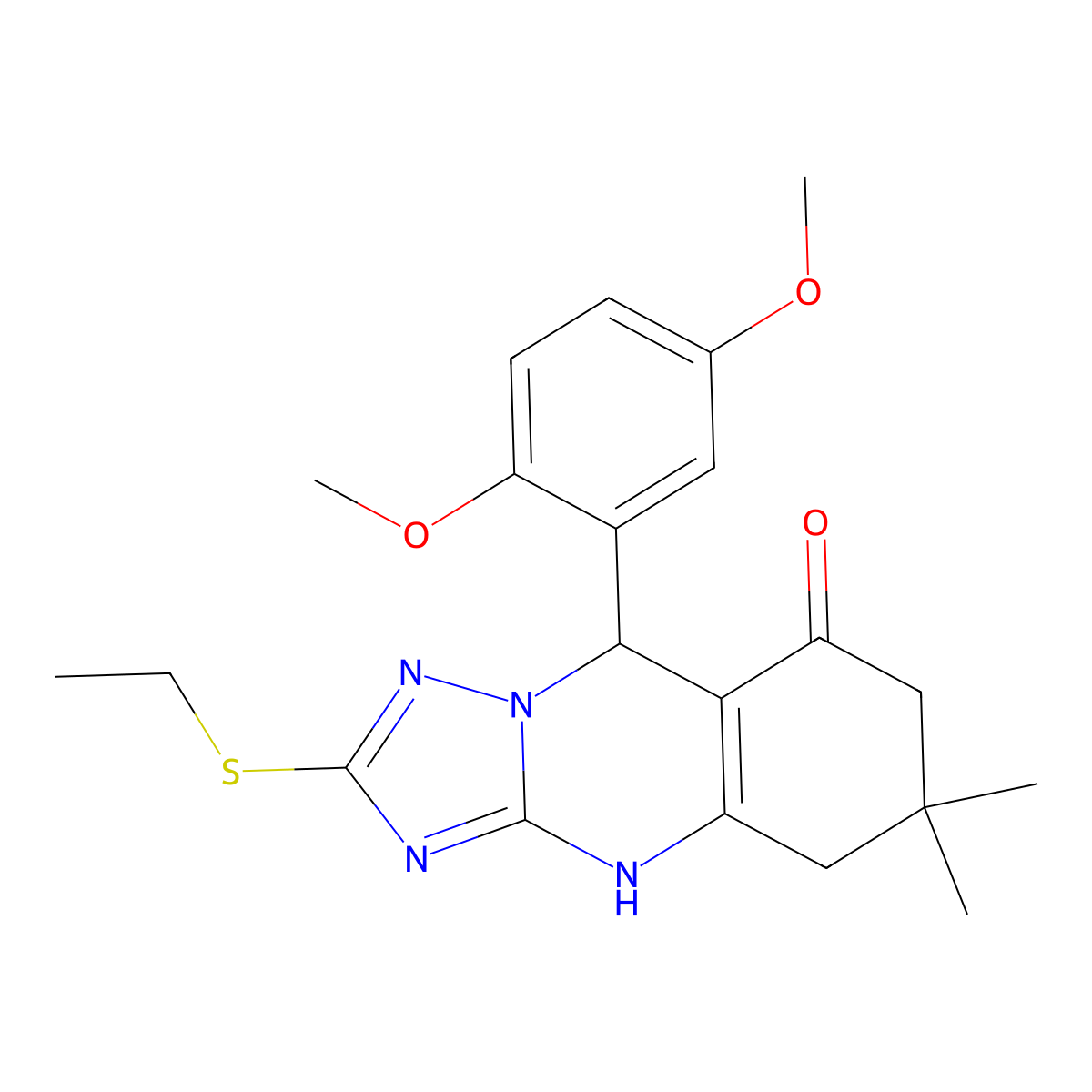 9-(2,5-dimethoxyphenyl)-2-(ethylsulfanyl)-6,6-dimethyl-5,6,7,9-tetrahydro[1,2,4]triazolo[5,1-b]quinazolin-8(4H)-one molecular structure, CAS 727404-08-2