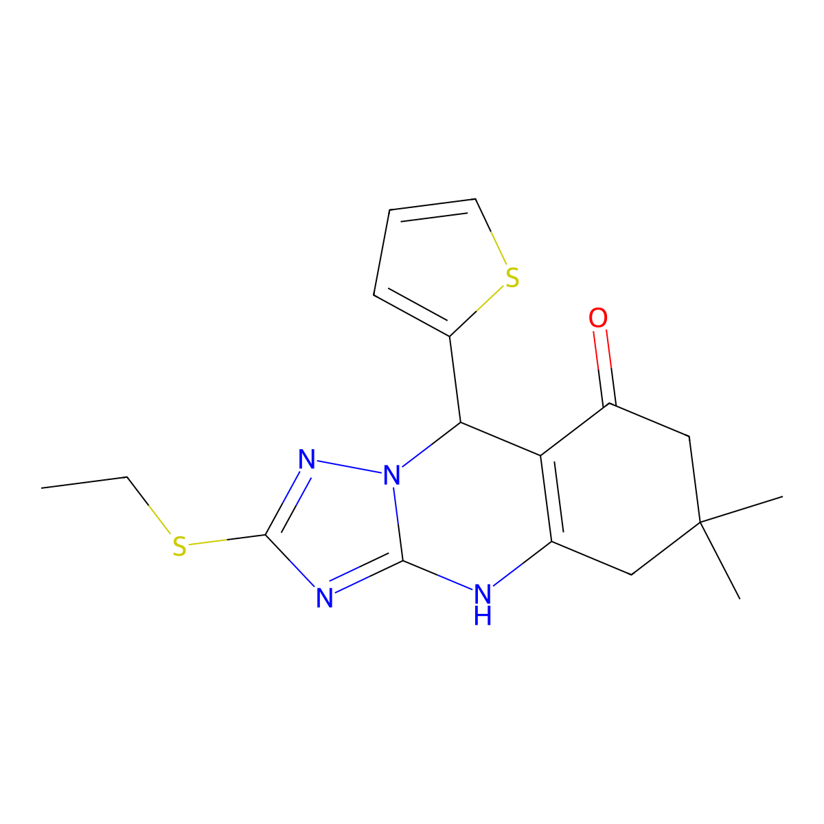 2-(ethylsulfanyl)-6,6-dimethyl-9-(thiophen-2-yl)-5,6,7,9-tetrahydro[1,2,4]triazolo[5,1-b]quinazolin-8(4H)-one molecular structure, CAS 727404-16-2
