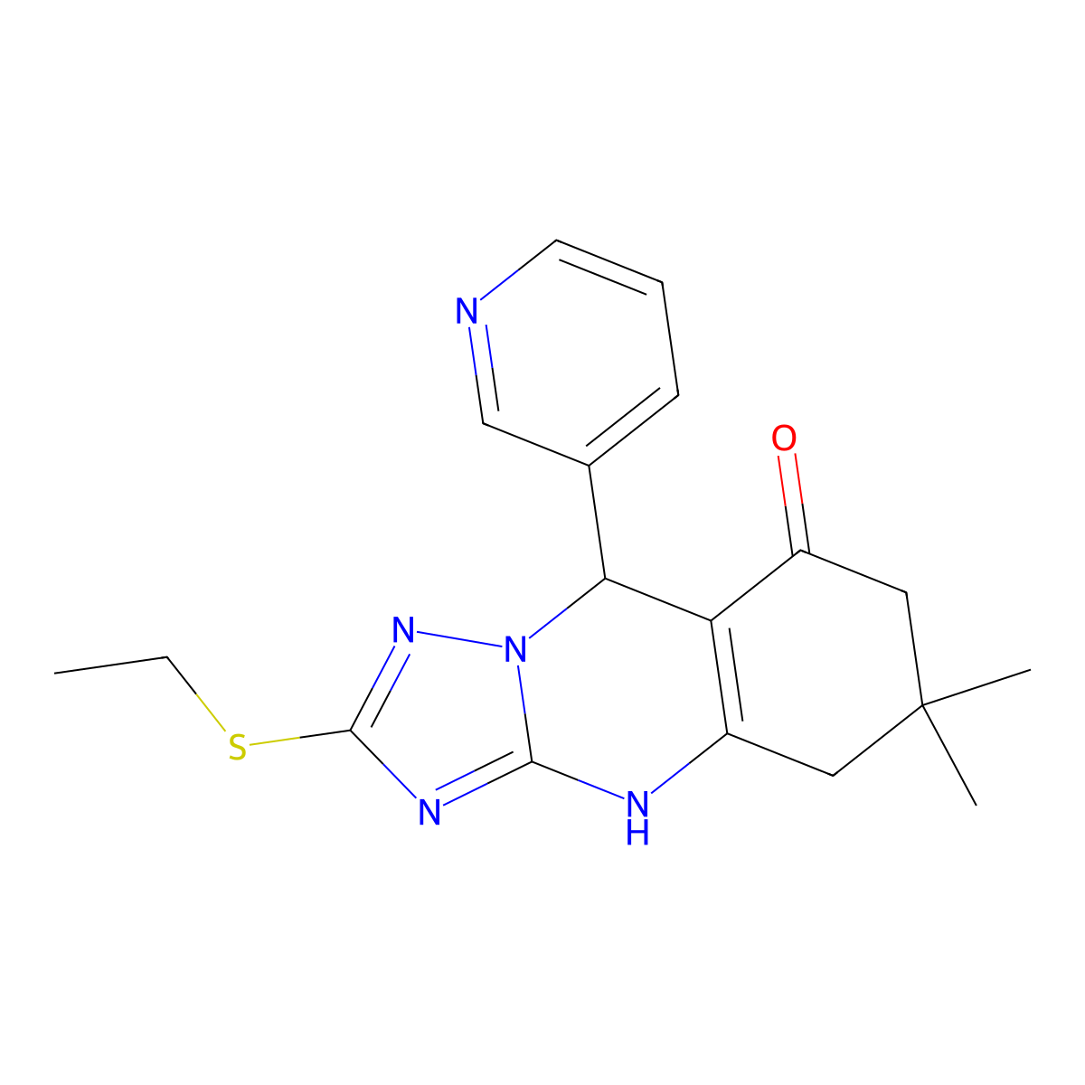 2-(ethylsulfanyl)-6,6-dimethyl-9-(pyridin-3-yl)-5,6,7,9-tetrahydro[1,2,4]triazolo[5,1-b]quinazolin-8(4H)-one molecular structure, CAS 727404-20-8