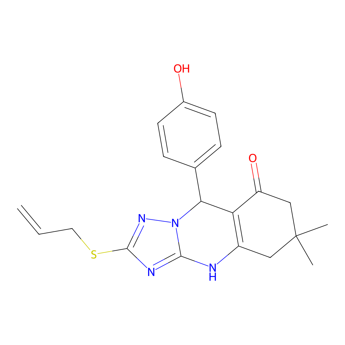 9-(4-hydroxyphenyl)-6,6-dimethyl-2-(prop-2-en-1-ylsulfanyl)-5,6,7,9-tetrahydro[1,2,4]triazolo[5,1-b]quinazolin-8(4H)-one molecular structure, CAS 727405-01-8