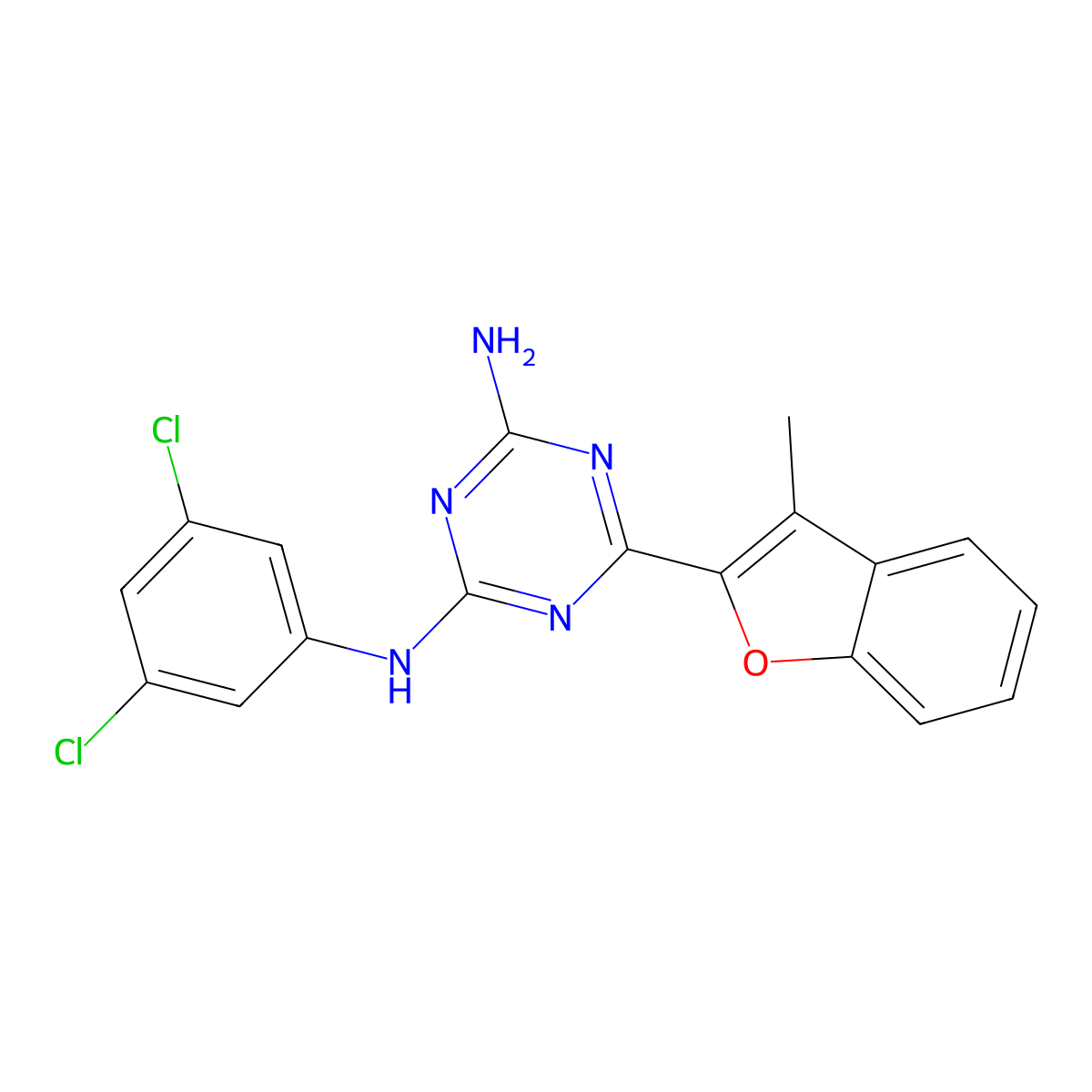 N-(3,5-dichlorophenyl)-6-(3-methyl-1-benzofuran-2-yl)-1,3,5-triazine-2,4-diamine molecular structure, CAS 727407-65-0