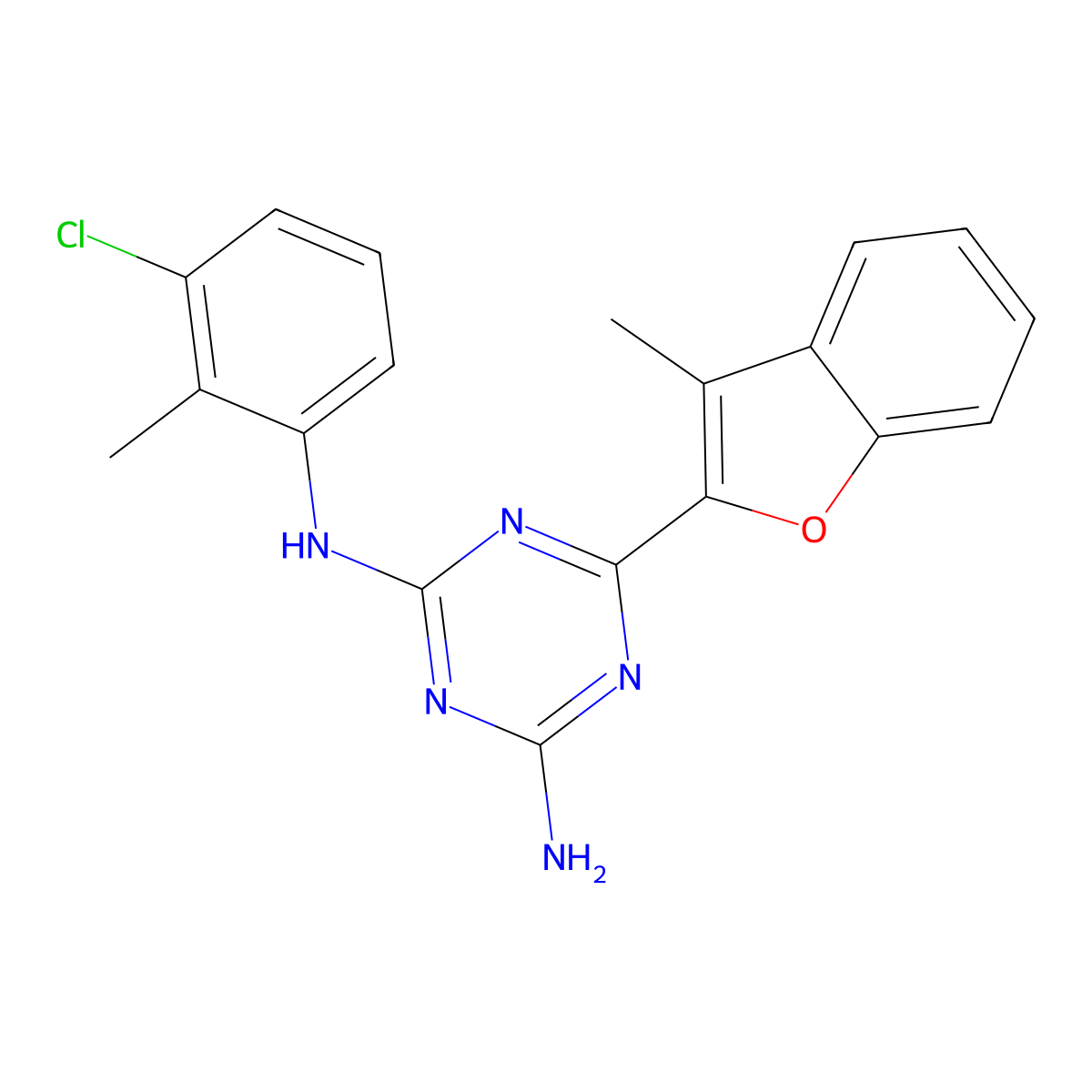 N-(3-chloro-2-methylphenyl)-6-(3-methyl-1-benzofuran-2-yl)-1,3,5-triazine-2,4-diamine molecular structure, CAS 727407-68-3