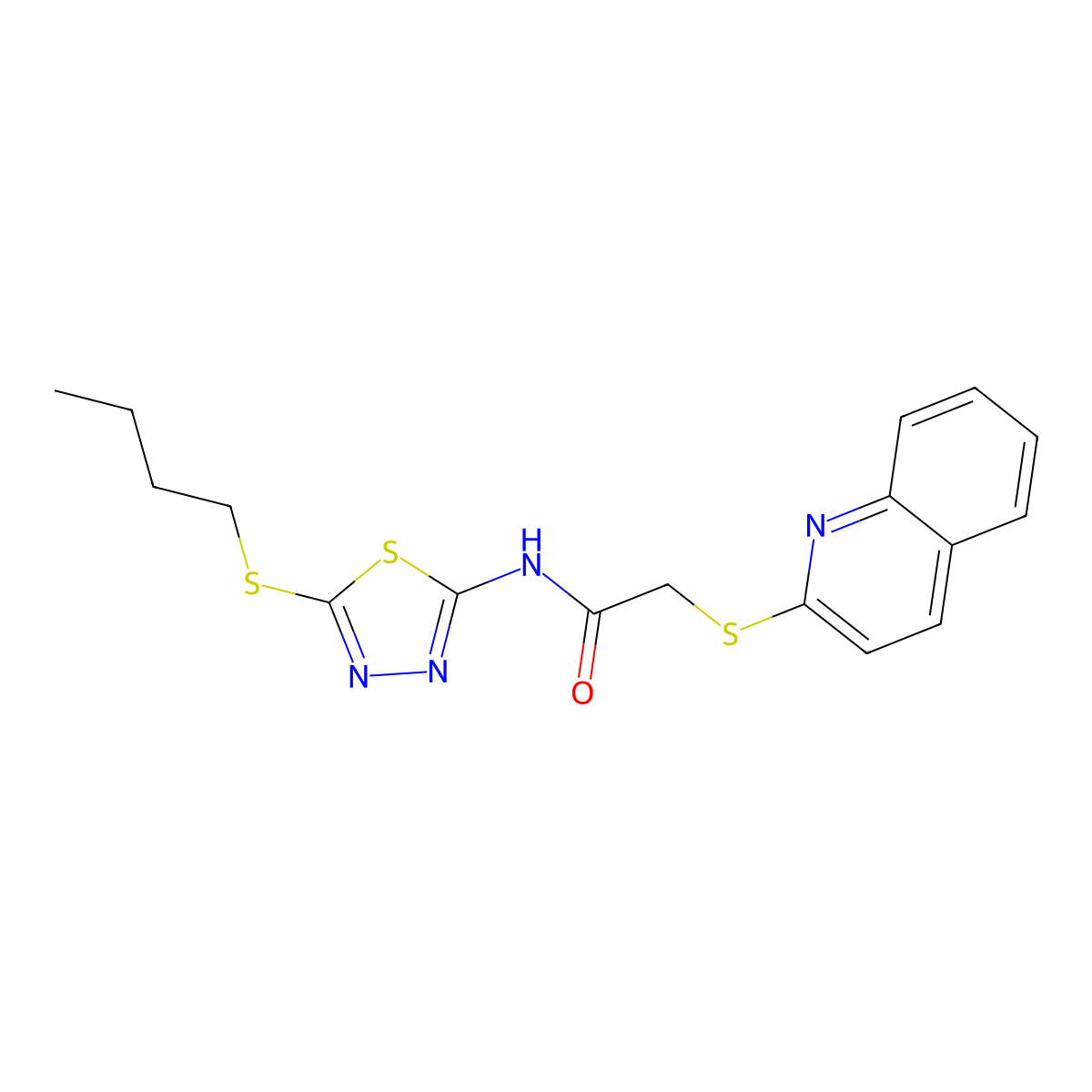 N-(5-butylsulfanyl-1,3,4-thiadiazol-2-yl)-2-quinolin-2-ylsulfanylacetamide molecular structure, CAS 727420-38-4