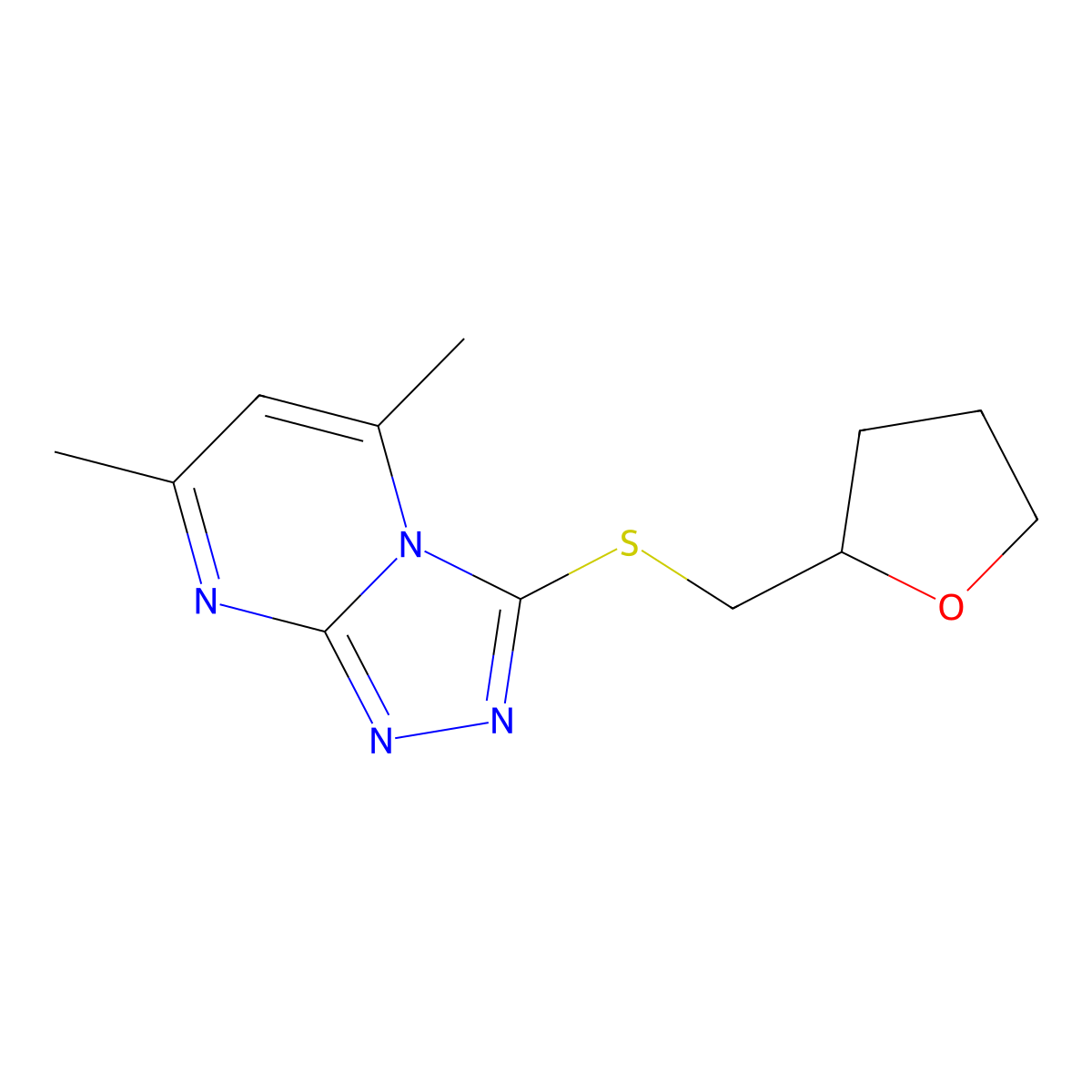 5,7-Dimethyl-3-[(tetrahydrofuran-2-ylmethyl)sulfanyl][1,2,4]triazolo[4,3-a]pyrimidine molecular structure, CAS 727421-68-3